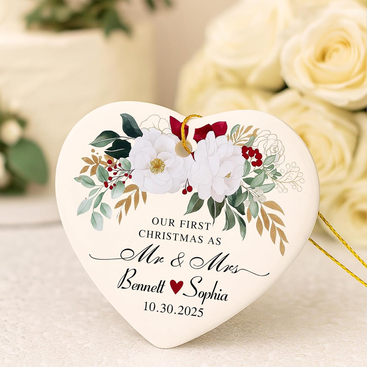 Love Signal Personalized Married Ceramic Ornament, Our First Christmas As Mr Mrs 2025 Ornaments, Custom Gift for Wedding Newlyweds Engaged Couple Christmas