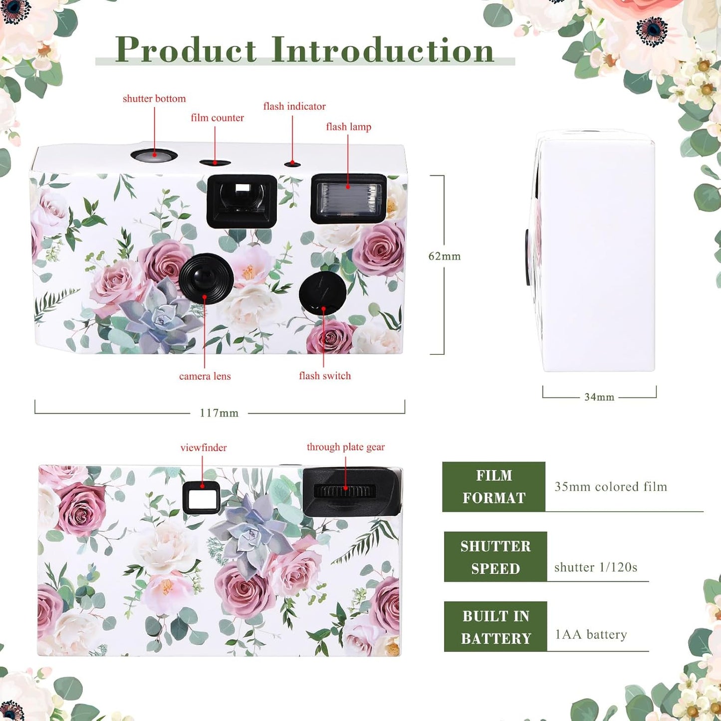 Zhengmy 10 Pack Disposable Camera Bulk for Wedding, 34mm Single Use Camera Bulk with Flash One Time for Gathering Wedding Travel(Pink Rose,Colorful Film)