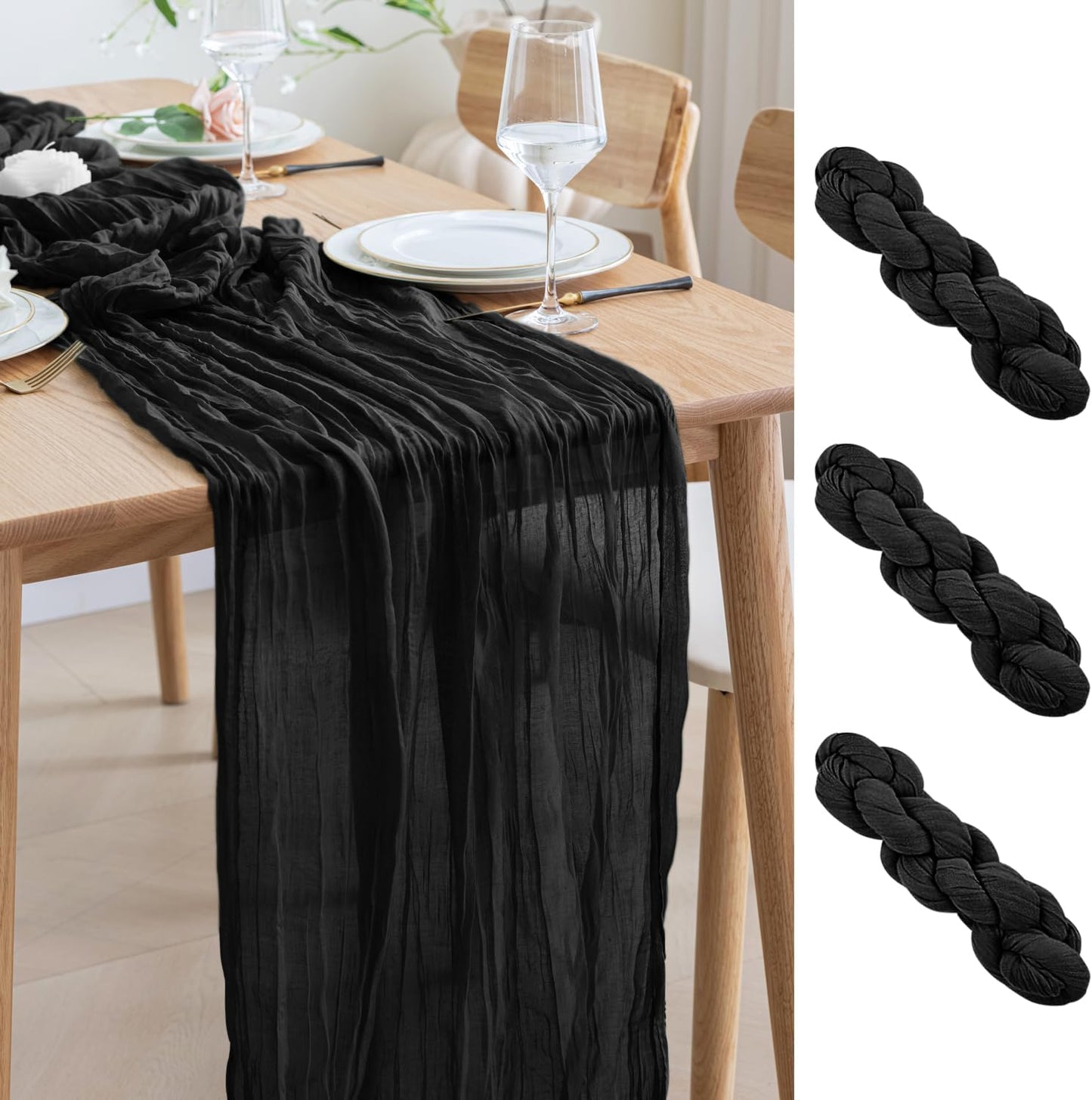 Asee'm 3pcs Cheesecloth Table Runner 120 Inches Long Black Boho Gauze Cheese Cloth Runner 10FT Rustic Sheer Table Runners for Christmas Wedding Party Baby Shower Spring Easter Decoration