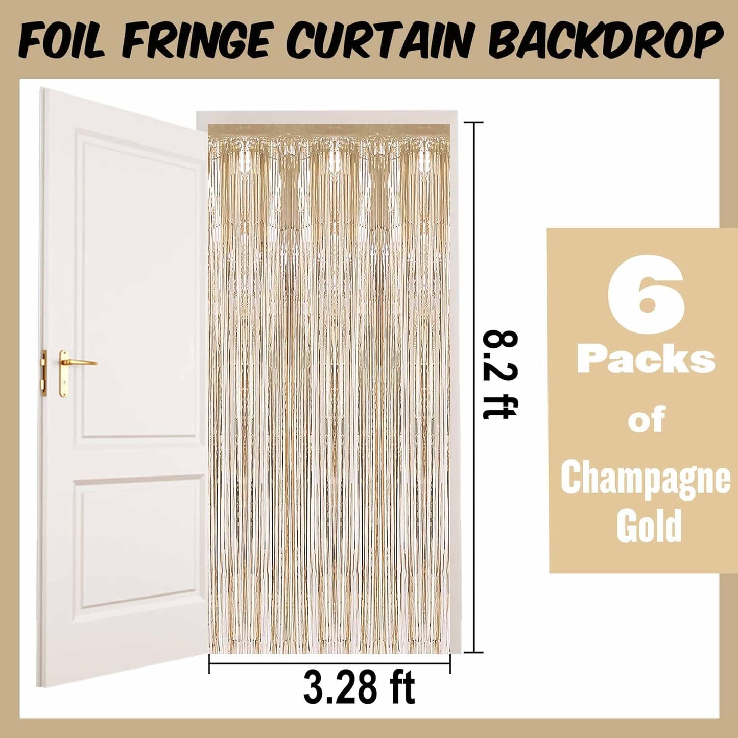 6 Pack Champagne Gold Foil Fringe Curtains Backdrop, 3.28 x 8.2 Ft Metallic Streamers Tinsel Curtains Background for Photo Booth, Birthday, Weddings, Carnivals, Graduation, Themed Party Decorations