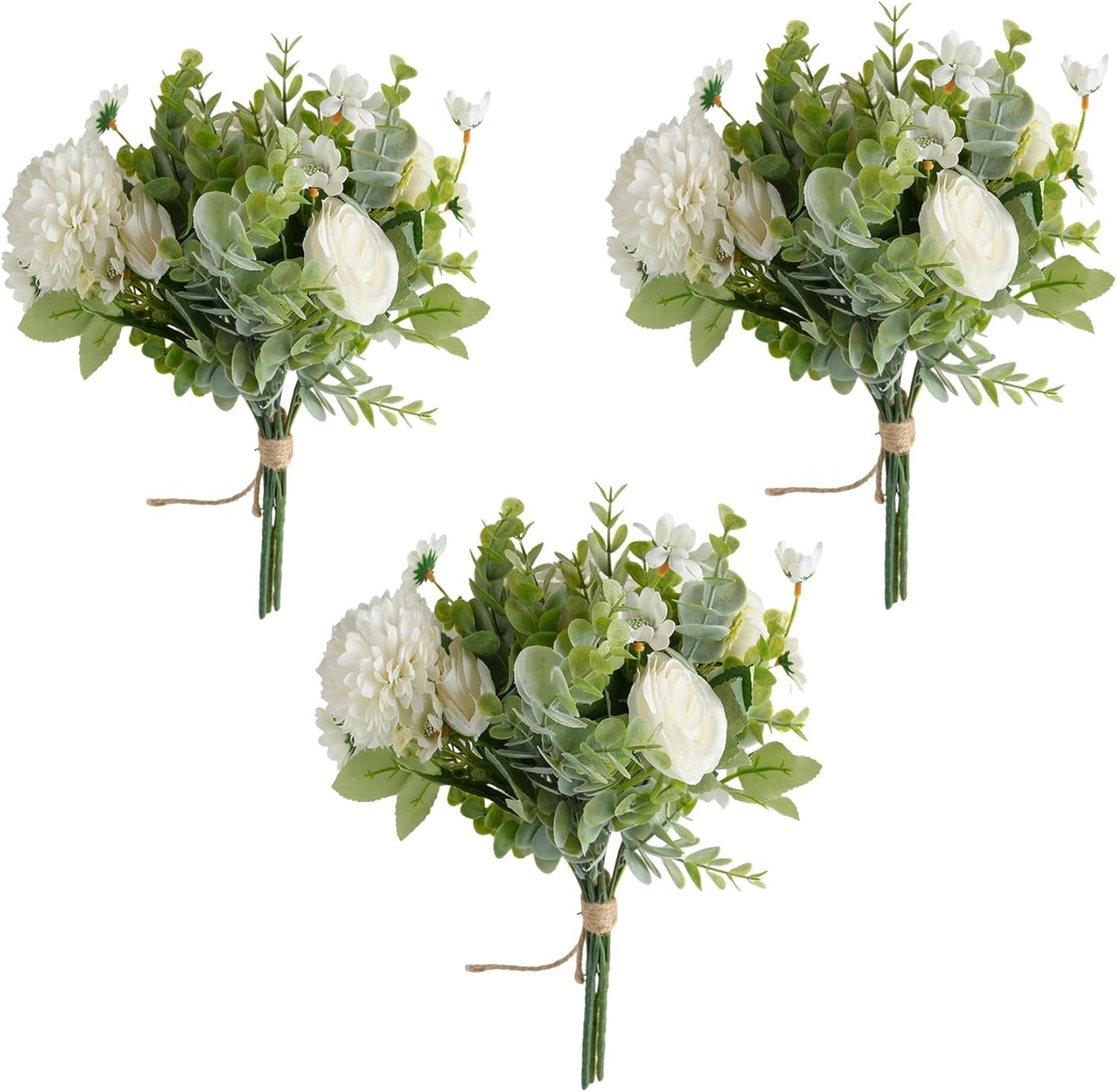Meldel 3 Pcs Bouquet Rose Artificial Fake Flowers Eucalyptus Plants Faux Silk Flower Arrangements Wedding Bouquets Decorations Floral Table Centerpieces for Home Kitchen Garden Party Decor (White)