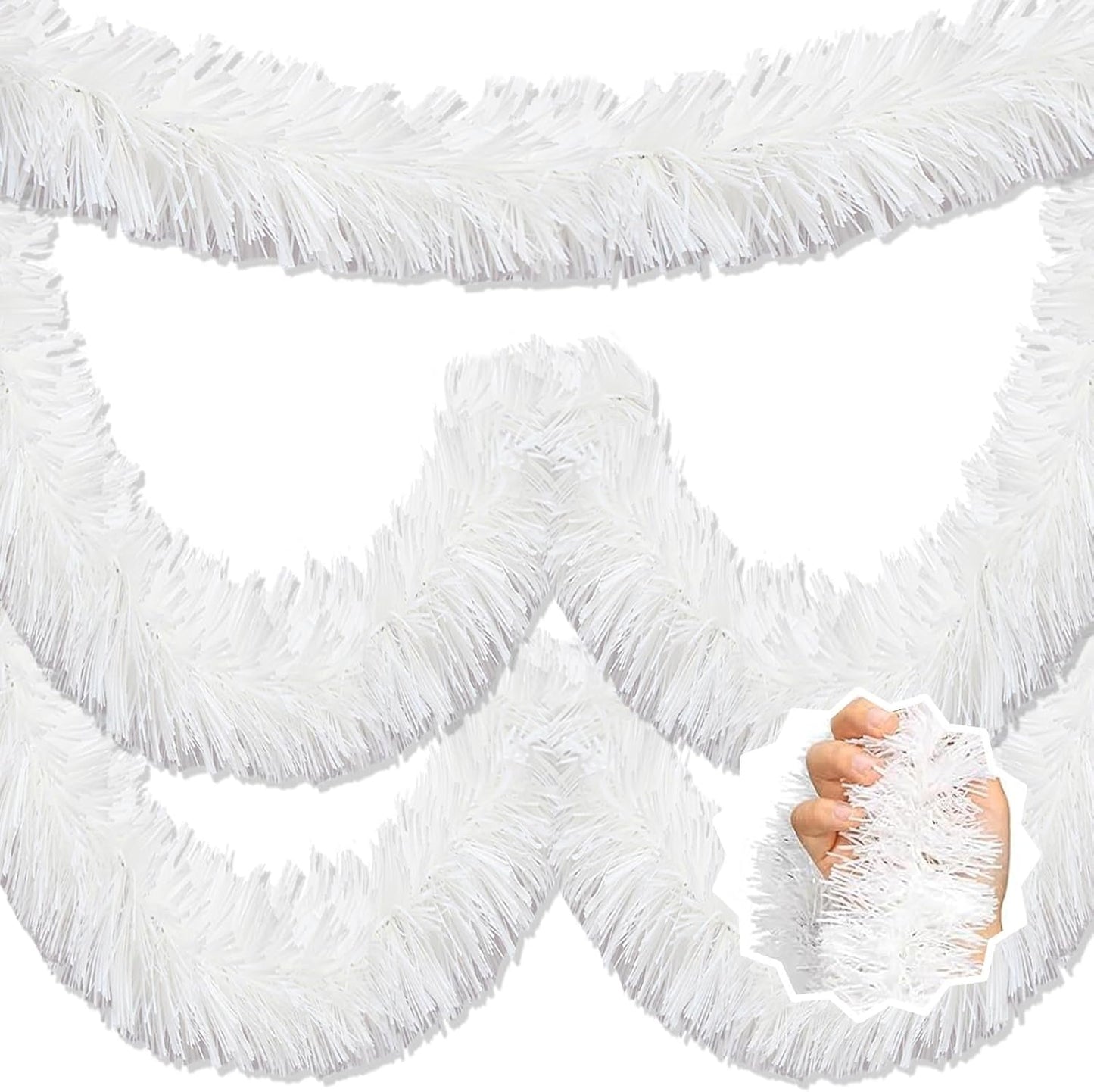 25 Feet Macaron White Christmas Tinsel Garland, Metallic Foil Twist Banner Wall Hanging Tinsel Streamers Backdrop for Parade Floats, Christmas, Mother's Day, Birthday Party Decorations(4in x 25ft)