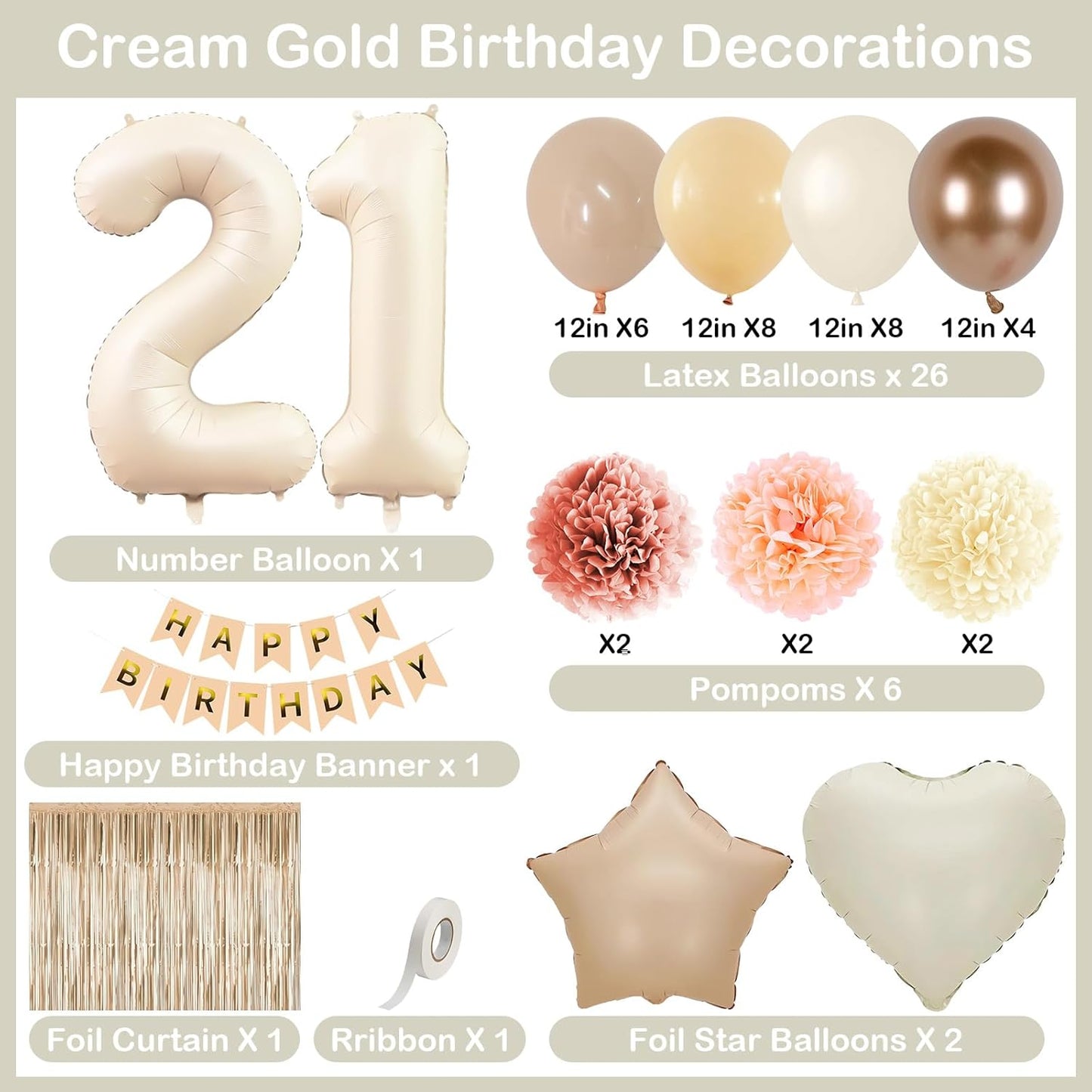 Beige 21st Birthday Decorations for Her Cream Number 21 Balloon Nude Gold Happy Birthday Banner Fringe Curtain Paper Pom Poms Blush White Sand Champagne Star Foil Balloons Neutral Boho Party Decor
