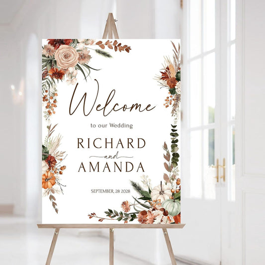 Welcome Wedding Sign Personalized, Terracotta Fall Burnt Orange Copper Wedding Sign Decorations Signage 12" X 18" (Small), 27" (Medium), 36" (Large), Plastic, Modern, Pole Mount, Weather