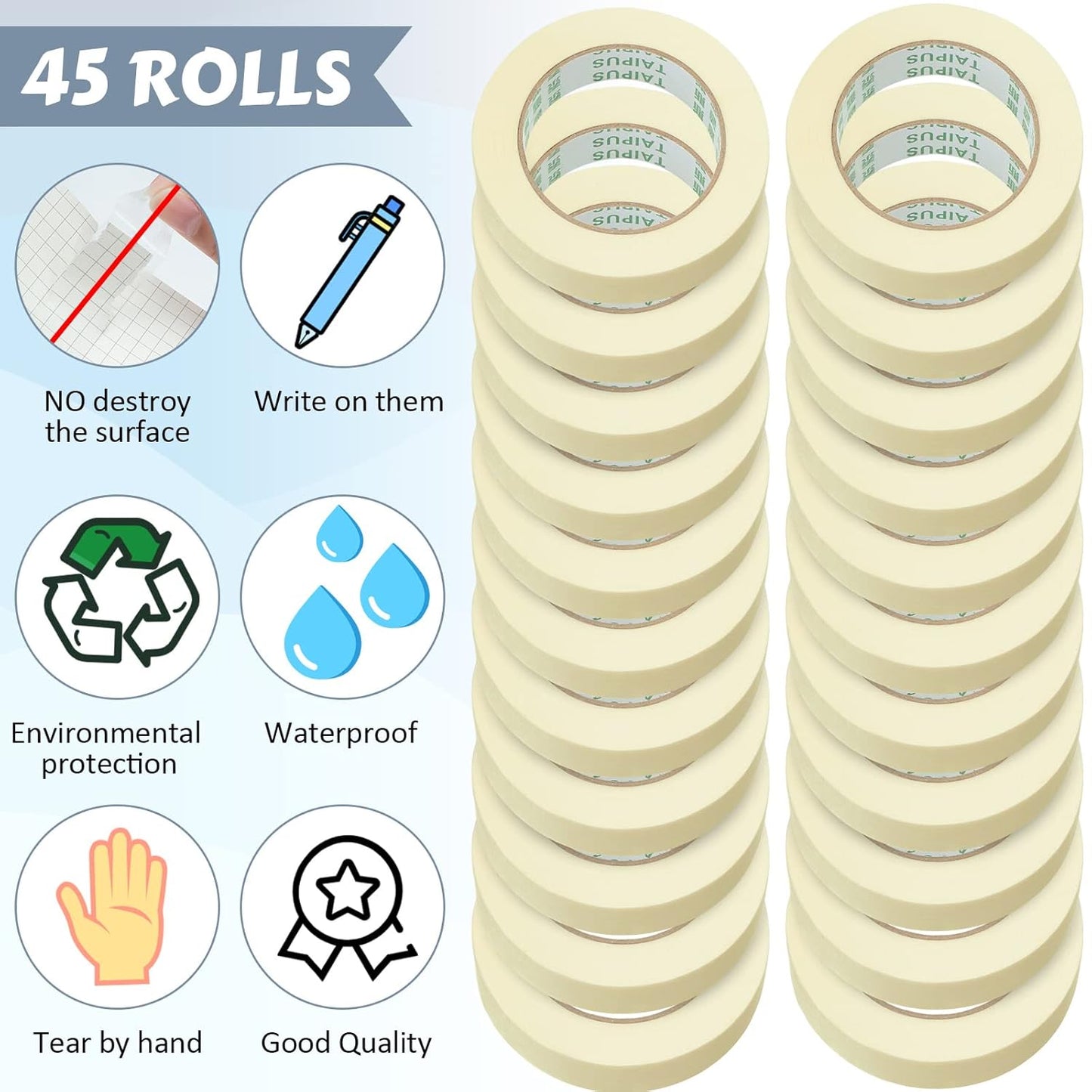 Masking Tape Bulk General Purpose Masking Painting Tape 55 Yards for Painting Home Office School Stationery Arts Crafts Basic Use, Easy Removal(45 Rolls,0.8 Inch)