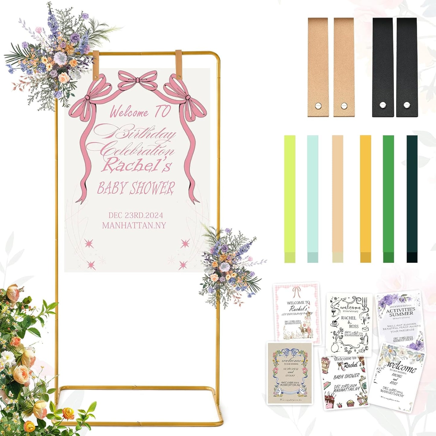 Wedding Sign Stand - Adjustable Wedding Sign W/Design Bundle & Leather Sign Hanging Straps, Durable Metal Easel Stand for Wedding Welcome Signs, Seating Charts, Ceremony & Reception Decor (Gold)