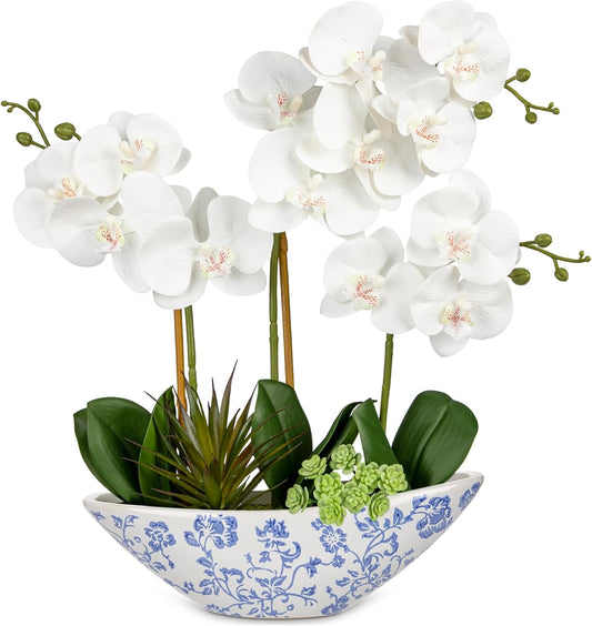 Briful White Orchid Fake Flowers 17in Artificial Orchid Silk Flowers in Blue and White Ceramic Pot Faux Orchid Arrangement for Home Office Bathroom Dining Table Modern Decoration
