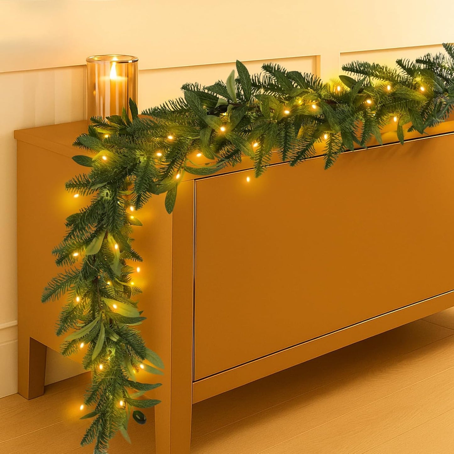 6.56 ft Christmas Artificial Olive Vine with Pine Garland with 9.84 ft LED Fairy Lights Battery Operated Green Dense Artificial Vines for Table Runner Center of Holiday Wedding Arch Party Mantle