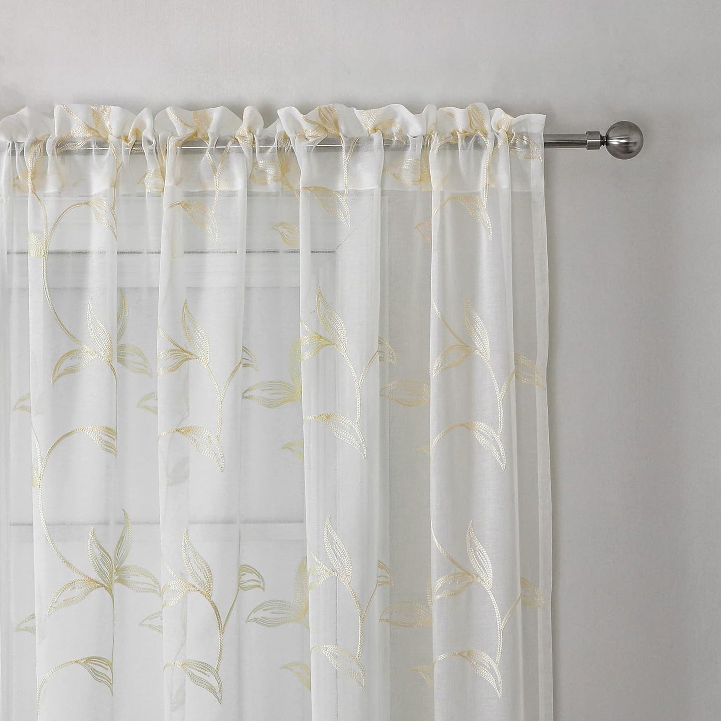 VISIONTEX Sheer Curtains 72 inch Length 2 Panels Set, White Voile Crushed Cream Vine Leaves Embroidery, Rod Pocket Embroidered Window Drapes for Living Room and Bedroom, 54" x 72"