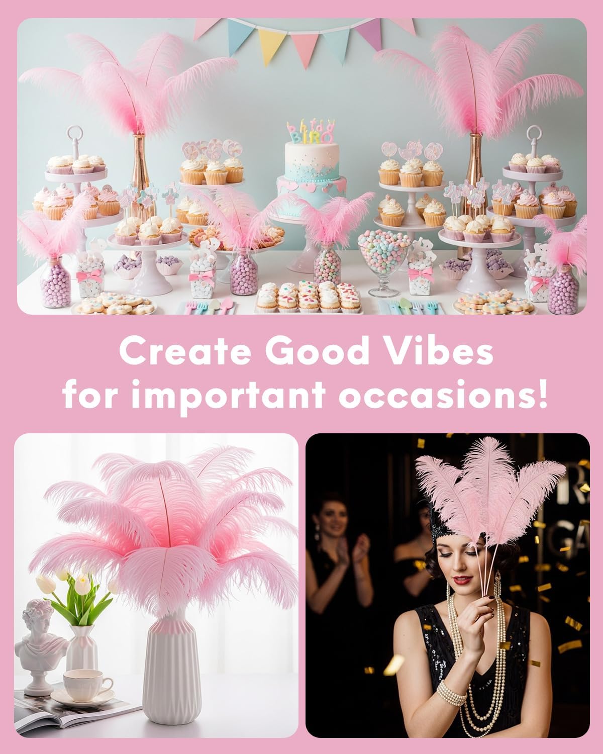 NEWONG 30pcs Light Pink Ostrich Feathers Natural Bulk 9-12inch(23-30cm) Vase Craft Wedding Home Party Centerpieces Christmas Day coquettish Valentine's Day Decoration