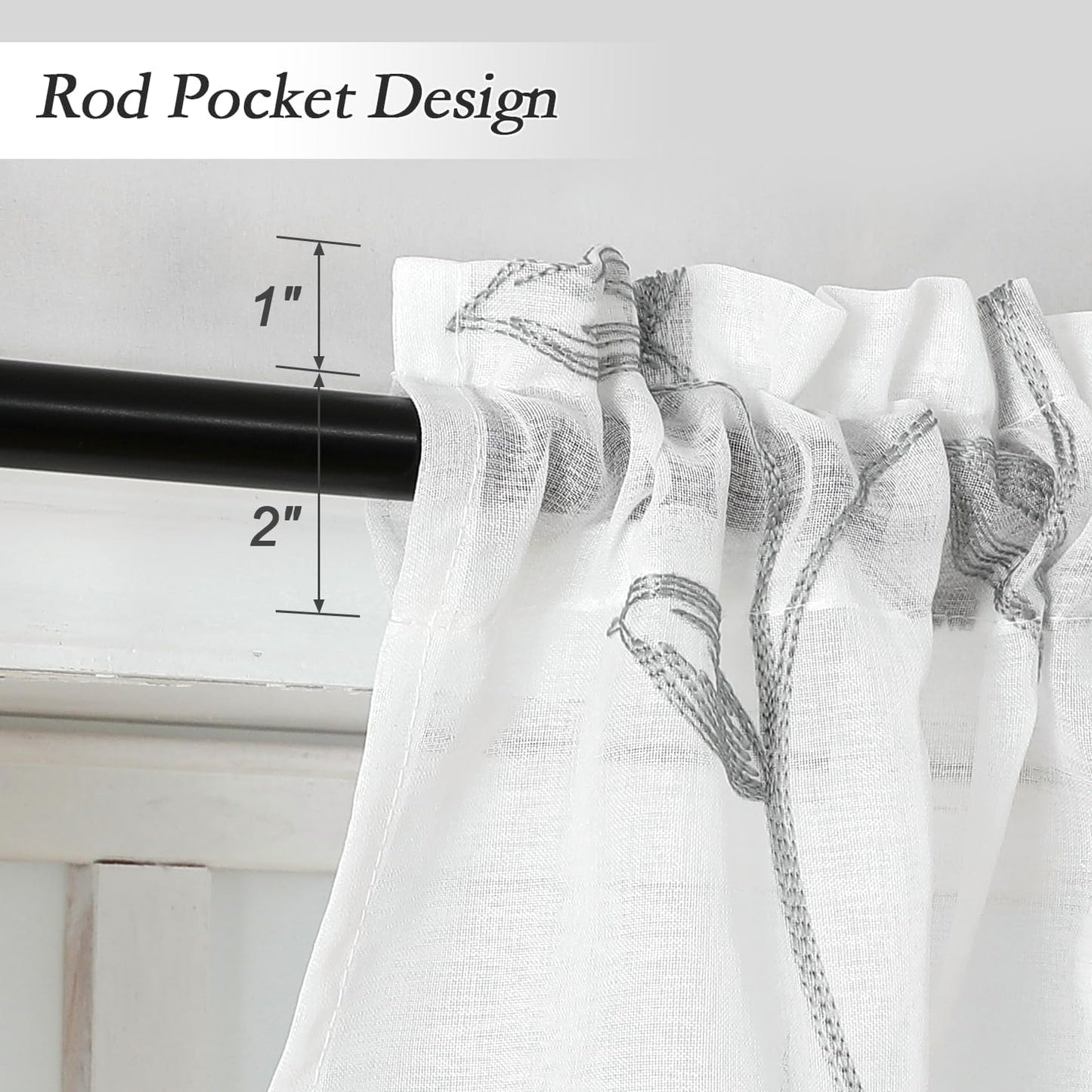 VISIONTEX Sheer Voile Curtain Valances, Decorative Leaves Embroidered, Rod Pocket Window Treatment for Kitchen/Rustic Bedroom/Living Room (54 x 16 Inch,1 Panel)