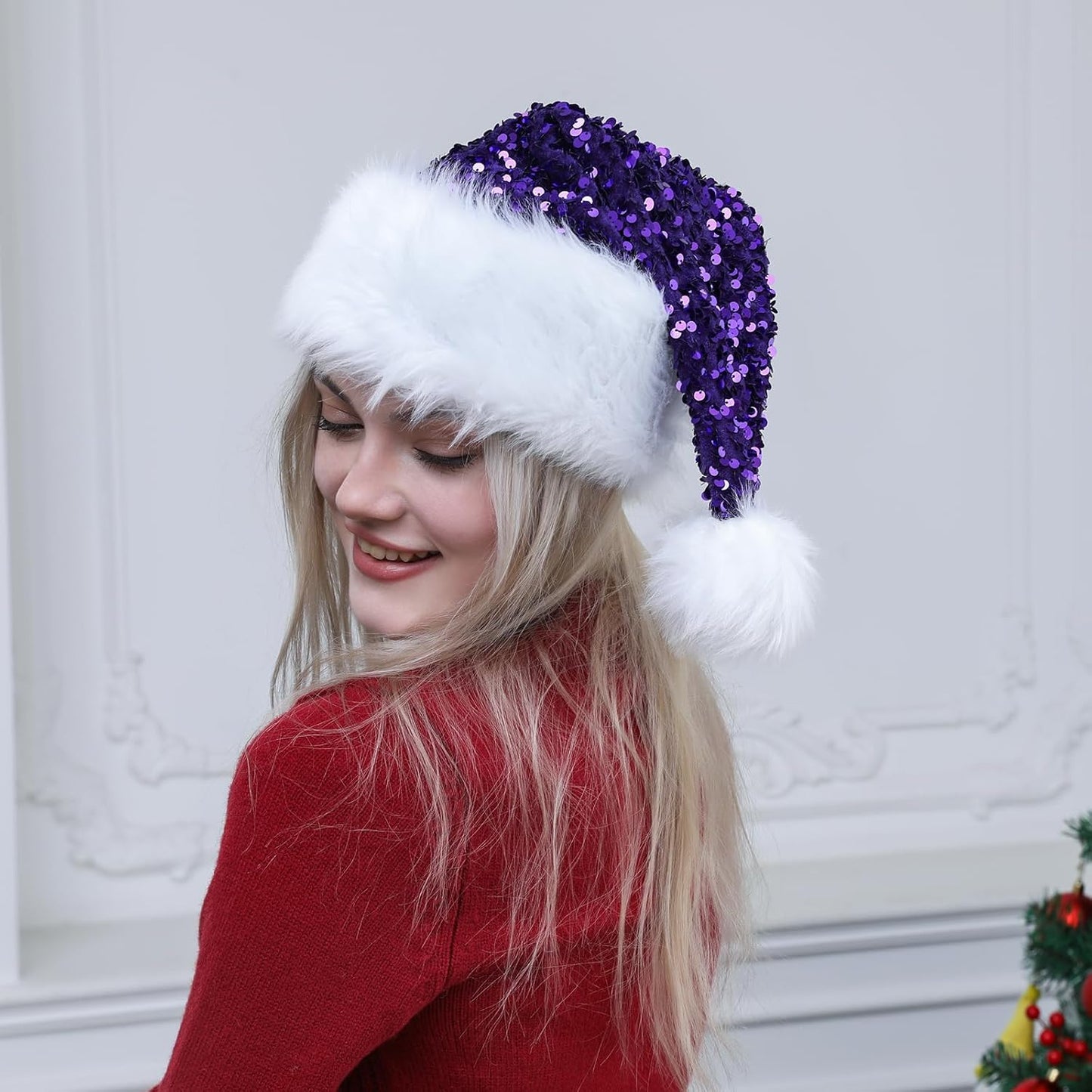 Personalized Sequin Santa Hat for Adults, Red Glitter Christmas Party Hat, Xmas Halloween New Year Holiday Headwear