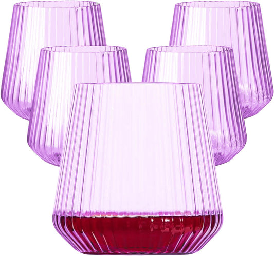 40 Pack Plastic Ribbed Wine Glasses, 14Oz Origami Disposable Wine Glasses Unbreakable Clear Plastic Cocktail Glasses Recyclable Shatterproof Reusable Wine Cups (14oz-purple-40pack)