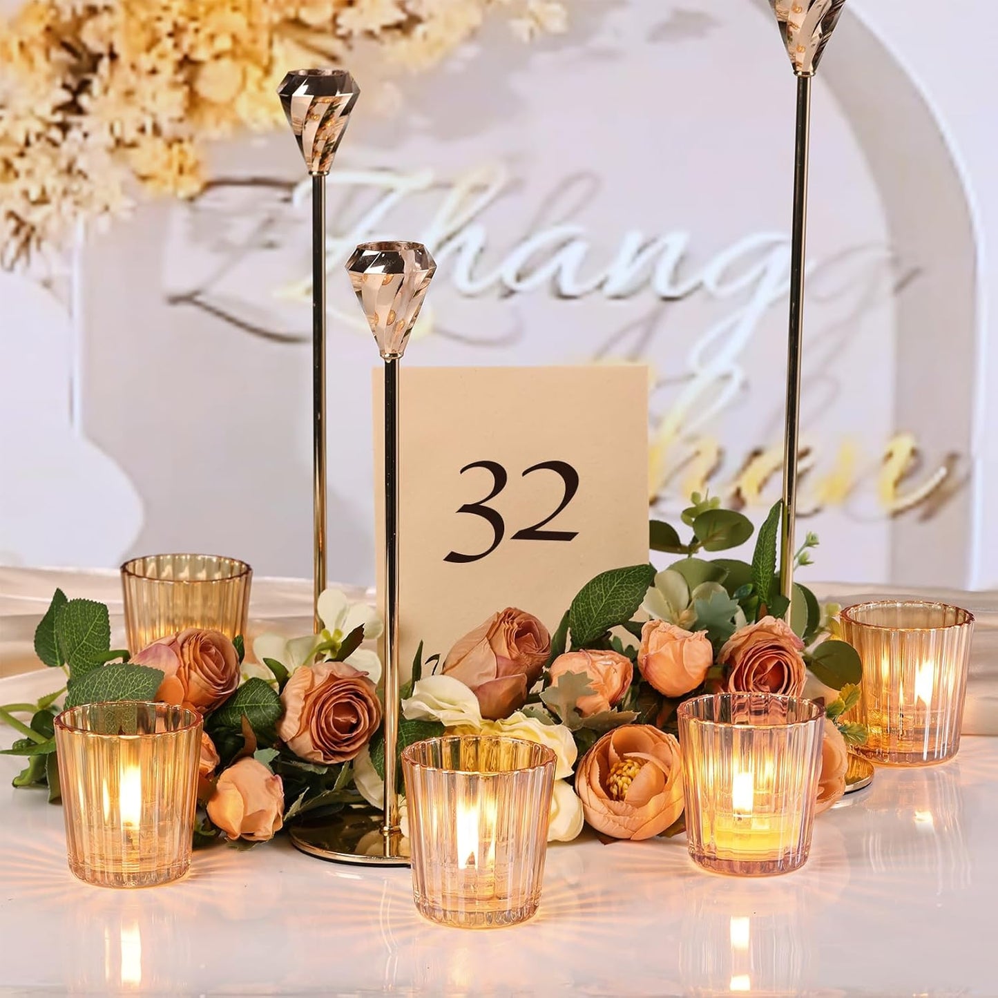 24PCS Vintage Ribbed Gold Votive Candle Holders, Glass Candle Holder for Wedding Decorations, Tealight Candle Holder for Table Centerpiece, Diwali, Home and Party Decorations