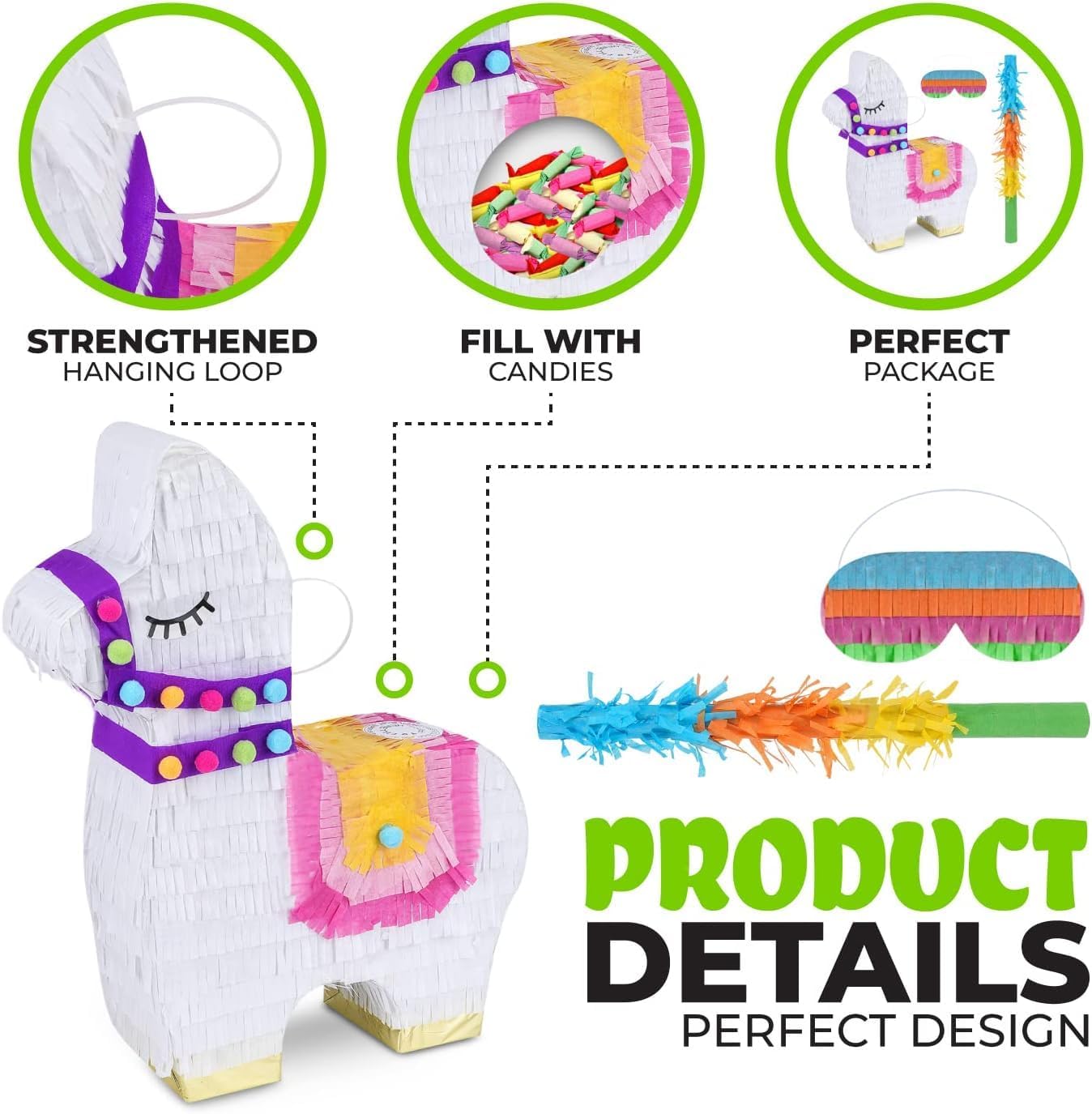 Llama Pinatas Bundle with a Blindfold and a Bat (17 x 14 x 4 Inches), Perfect for kid's Birthday Parties, Mexican Theme Parties, Decorations