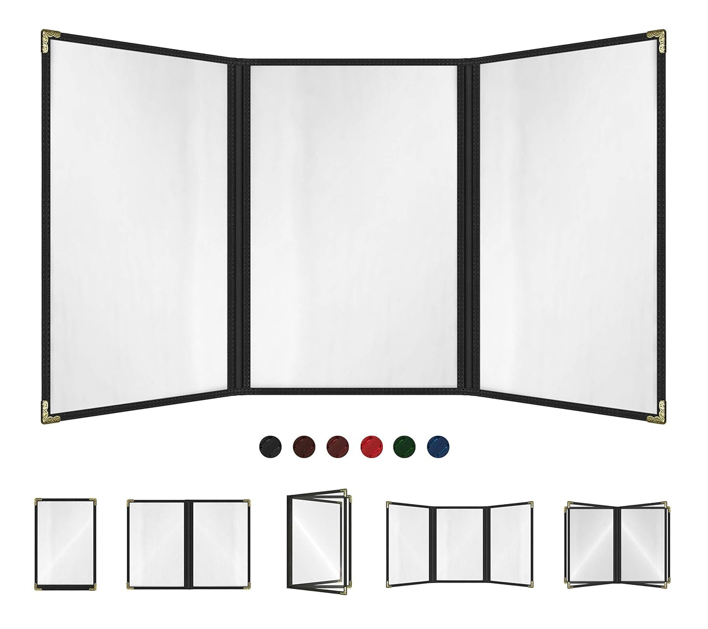 Goodsmart Restaurant Menu Covers – 25 Pack Black 6-View Trifold 8.5" x 14", Side-Loading Vinyl & Plastic Menu Holders, Clear Menu Sleeves, Leather-Style Café Covers with Gold Corners