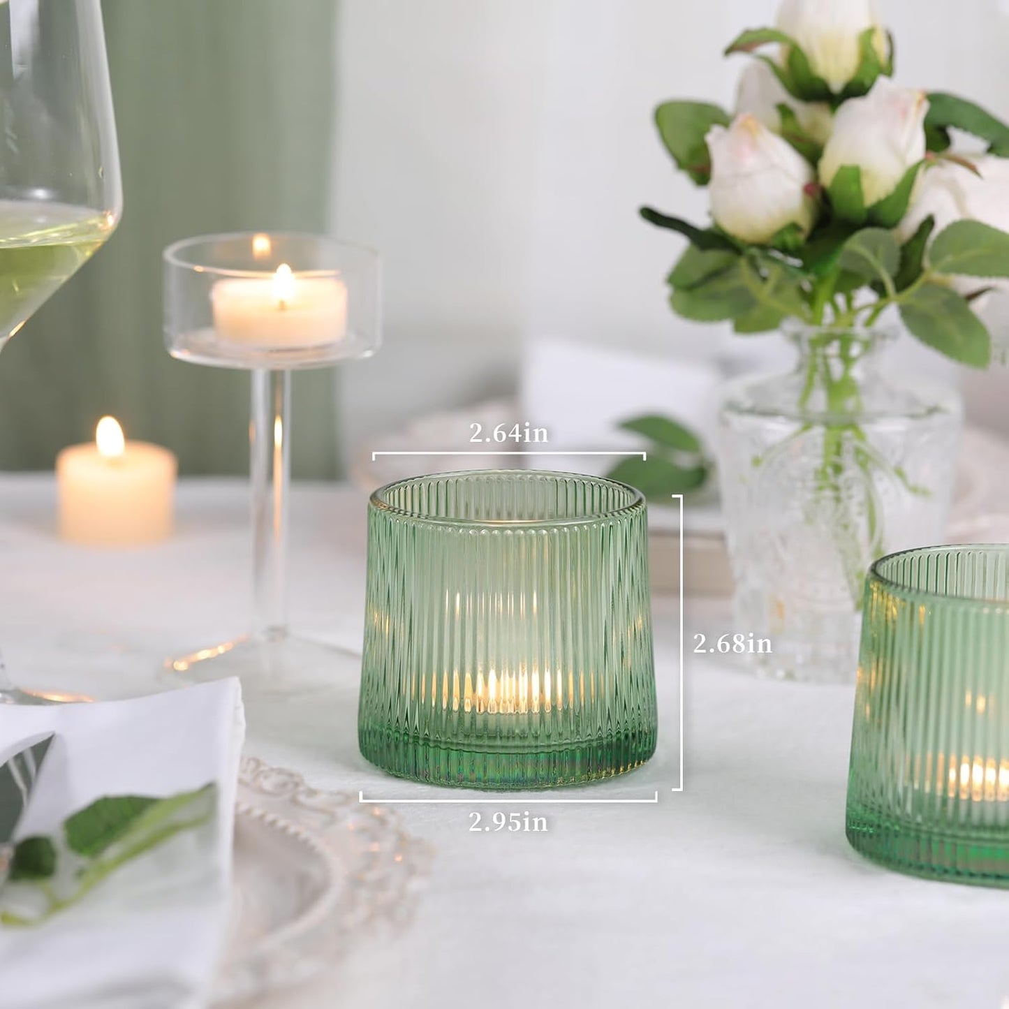 DARJEN Green Ribbed Tealight Votive Candle Holders- 6Pack Glass Candle Holders for Table Centerpiece, Wedding Decor, Home Decor, Party Dinner