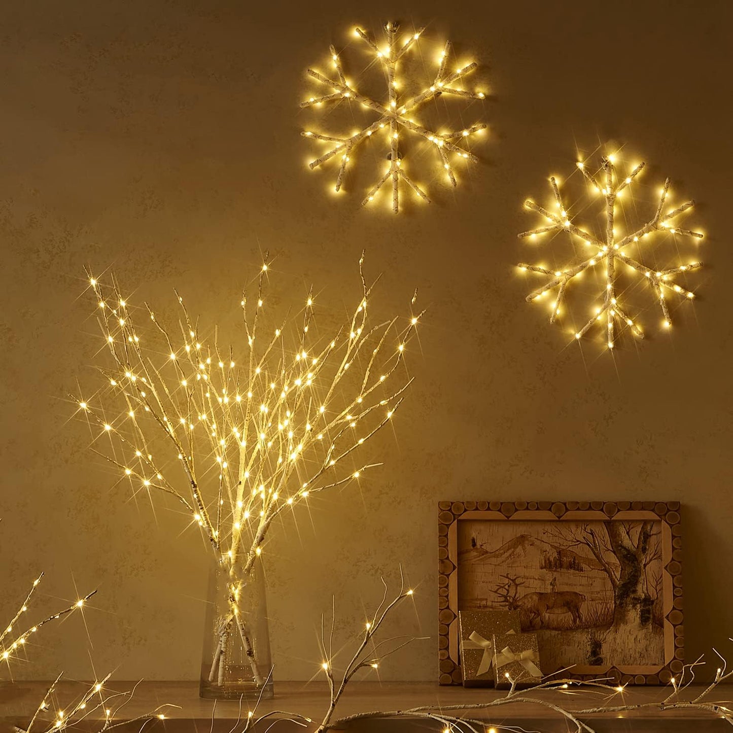 Fudios Snowflake Lights Warm White Battery Operated with Timer 70 LED 14in for Christmas Wall Window Decoration 2sets