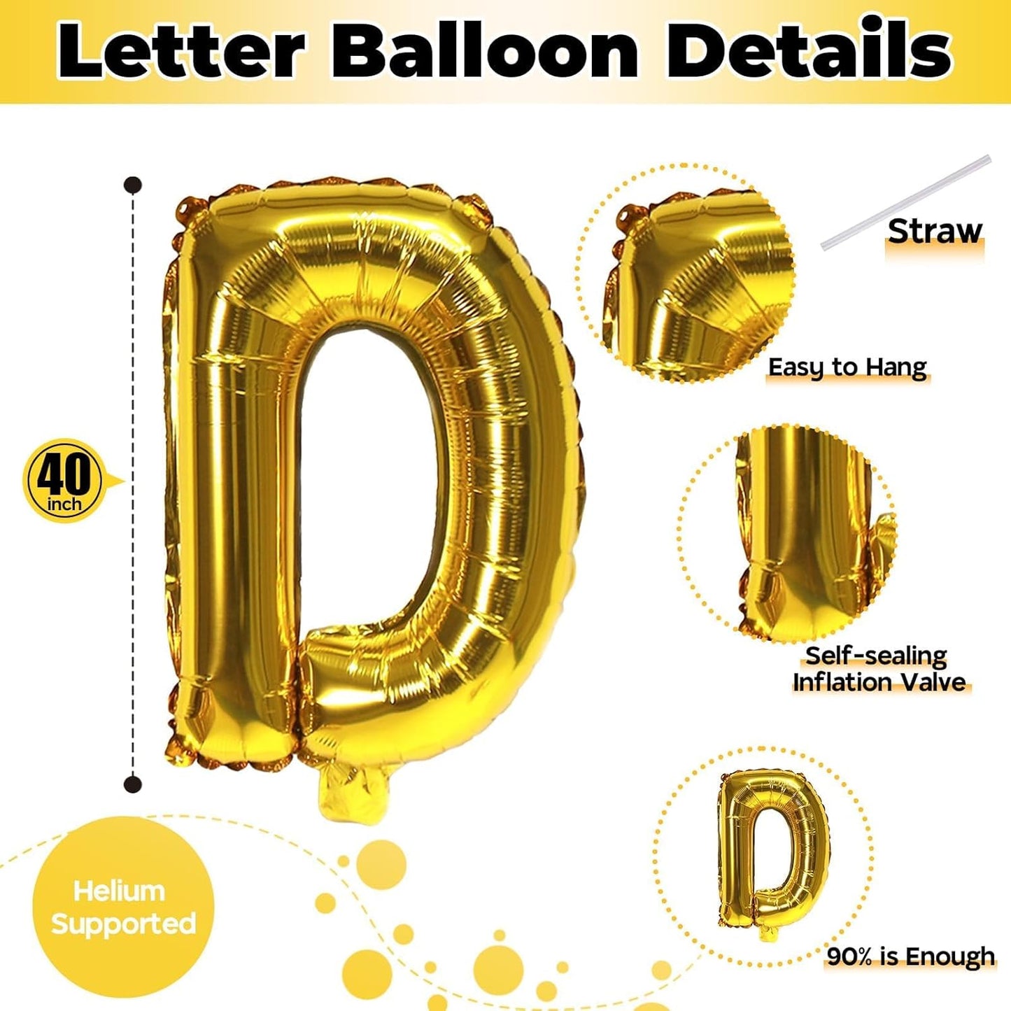 Custom Letters Balloon Gold, Large Helium Alphabet Name Balloon D Decor, 40 Inch Self Inflating Mylar Letter Foil Word Customize Balloons for Girls Women Birthday Anniversary Party Decoration Supplies