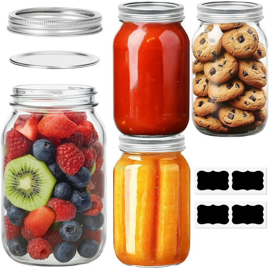 ComSaf Mason Jars 32 oz - 4 Pack, Wide Mouth Mason Jars with Lids, Prep Mear Glass Jars, Canning Jars for Pickling, Suntea, Salad, Honey, Desert, Shower Wedding Favors, DIY Candles Decor