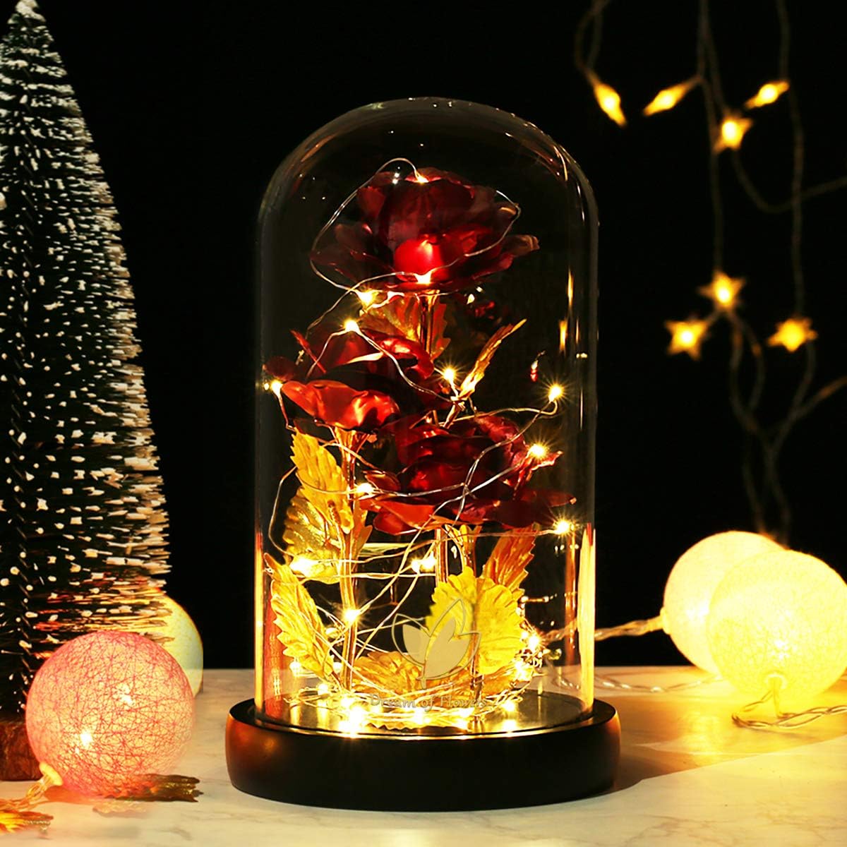 Beauty and The Beast Rose,Preserved Flowers Bouquets Gifts,Light Up Rose Flower in Glass Dome,Birthday Gifts for Women,Mom,Girlfriend Wife Anniversary,Valentines,Thanksgiving,Christmas,Wedding