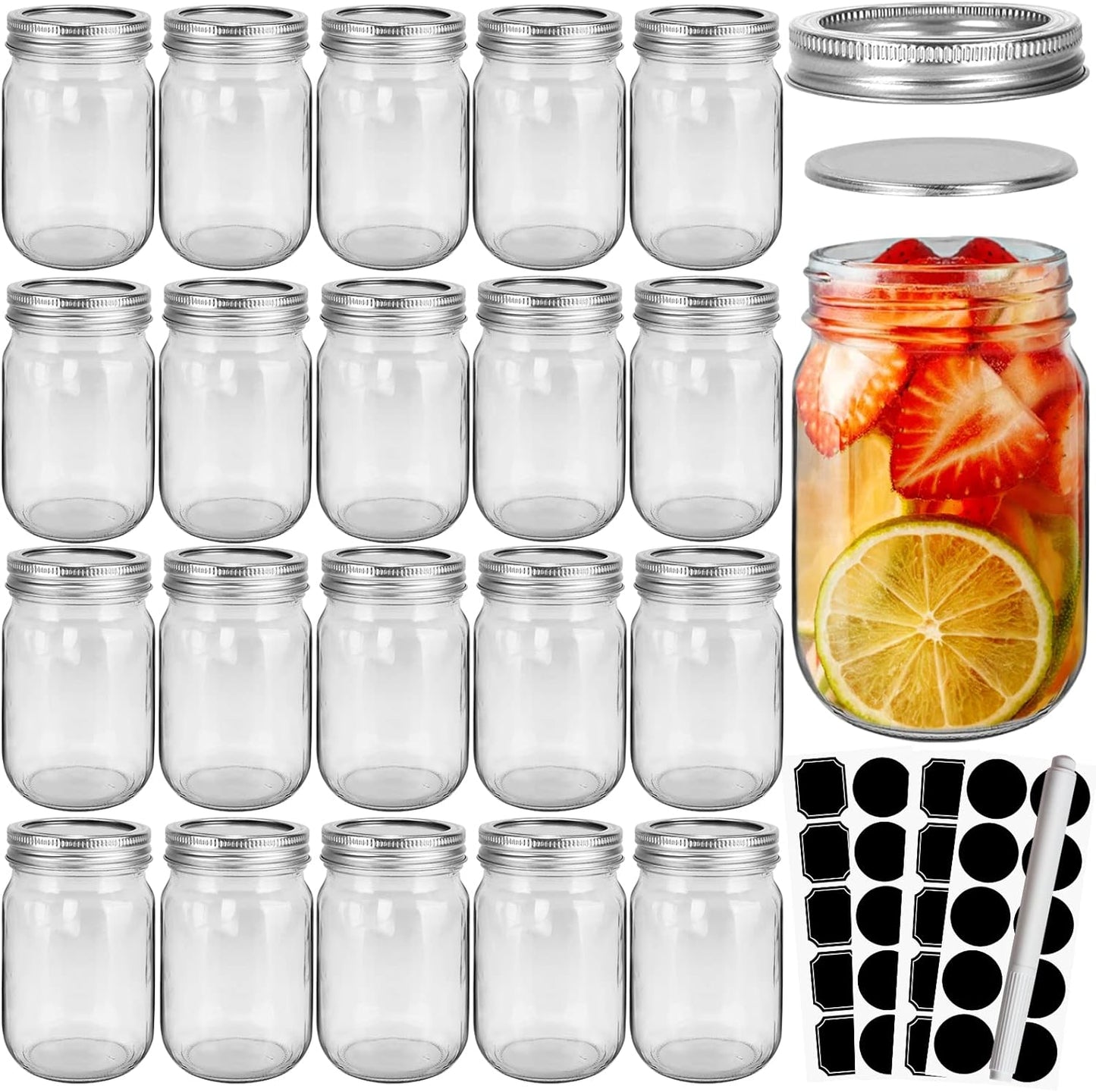 CycleMore 20 Pcs 12oz Glass Mason Jars With Silver Separable Lids, 350ml Round Canning Jars for Honey, Jam, Herb, Wedding Favor, Kitchen Storage Wide Mouth Bottles for Crafts, Meal Prep