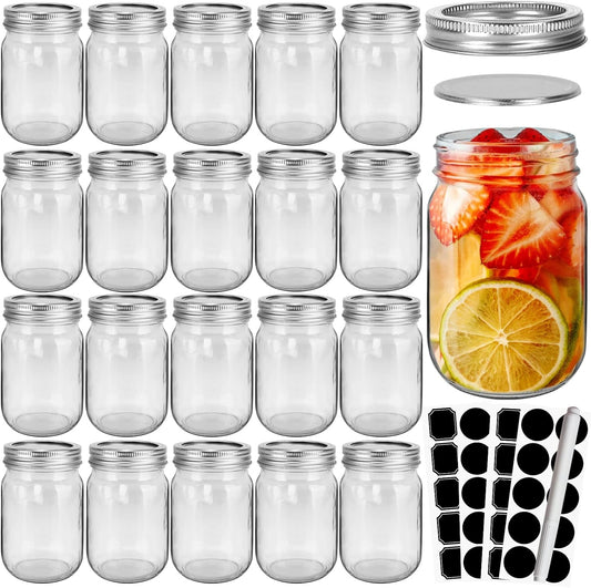 CycleMore 20 Pcs 12oz Glass Mason Jars With Silver Separable Lids, 350ml Round Canning Jars for Honey, Jam, Herb, Wedding Favor, Kitchen Storage Wide Mouth Bottles for Crafts, Meal Prep