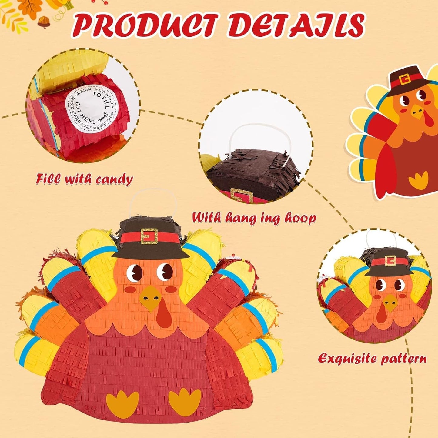WERNNSAI Thanksgiving Turkey Pinata - Fall Decorations Red Turkey Pinata Thanksgiving Games for Kids Fall Festival Autumn Decor Carnival Party Supply with Blindfold