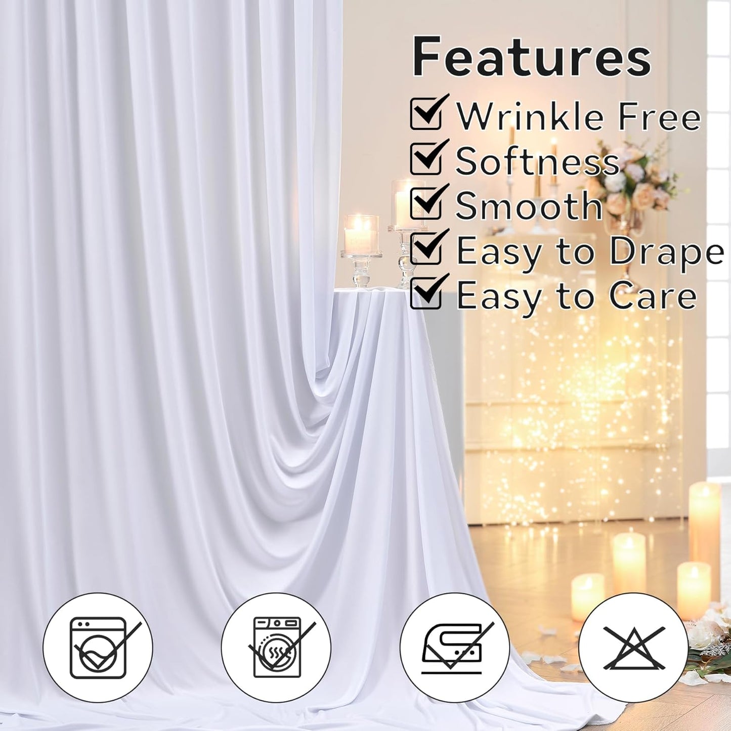 50ft x 15ft White Wrinkle Free Backdrop Curtains for Parties,Silky Polyester Fabric Wedding Ceiling Drapes, 10 Panels 15ft Photo Back Drop Drapes for Baby Shower Photography Stage Background Cloth
