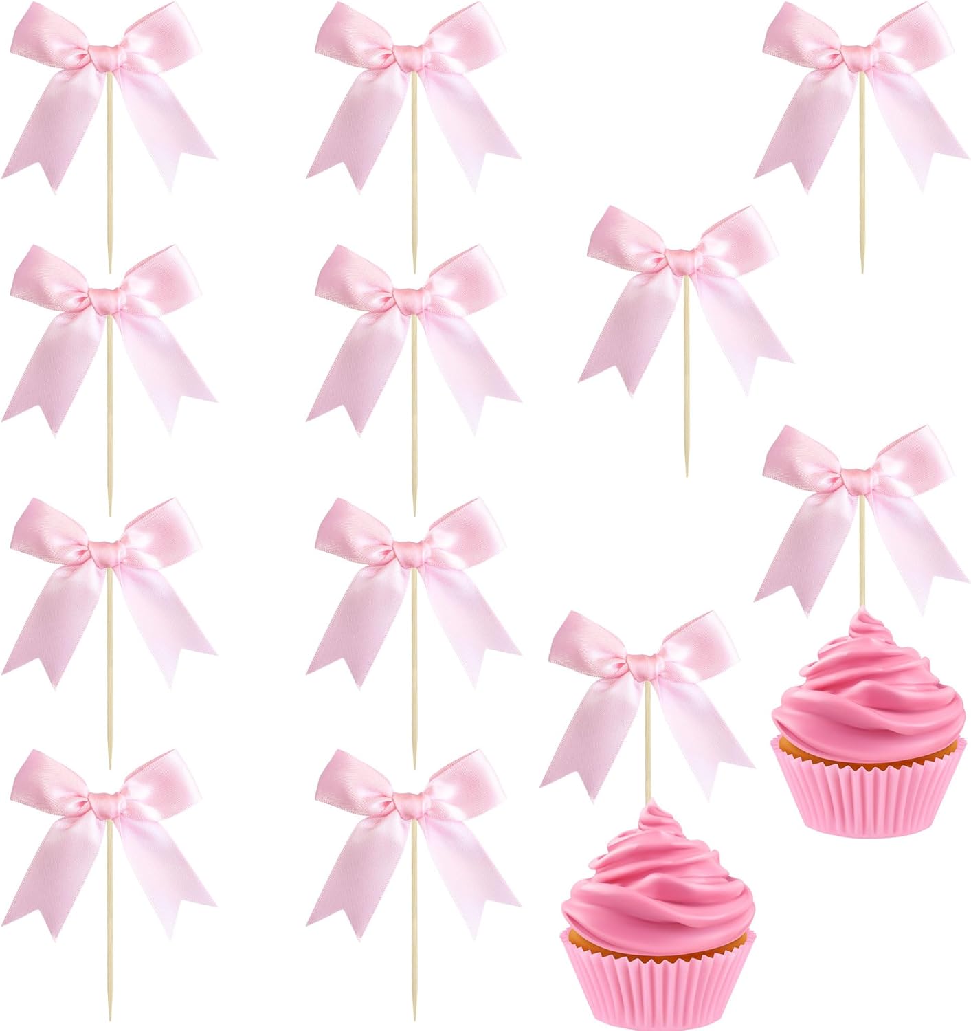 Ephlyn 24Pcs Pink Bow Cupcake Toppers Bow Cake Topper Birthday Decorations Mini Bowknot Cupcake Picks for Coquette Theme Party Decoration Bachelorette Bridal Engagement Wedding Party Pink