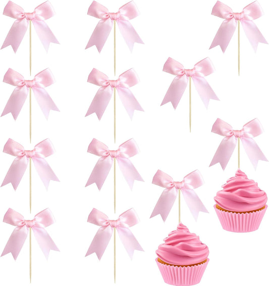Ephlyn 24Pcs Pink Bow Cupcake Toppers Bow Cake Topper Birthday Decorations Mini Bowknot Cupcake Picks for Coquette Theme Party Decoration Bachelorette Bridal Engagement Wedding Party Pink