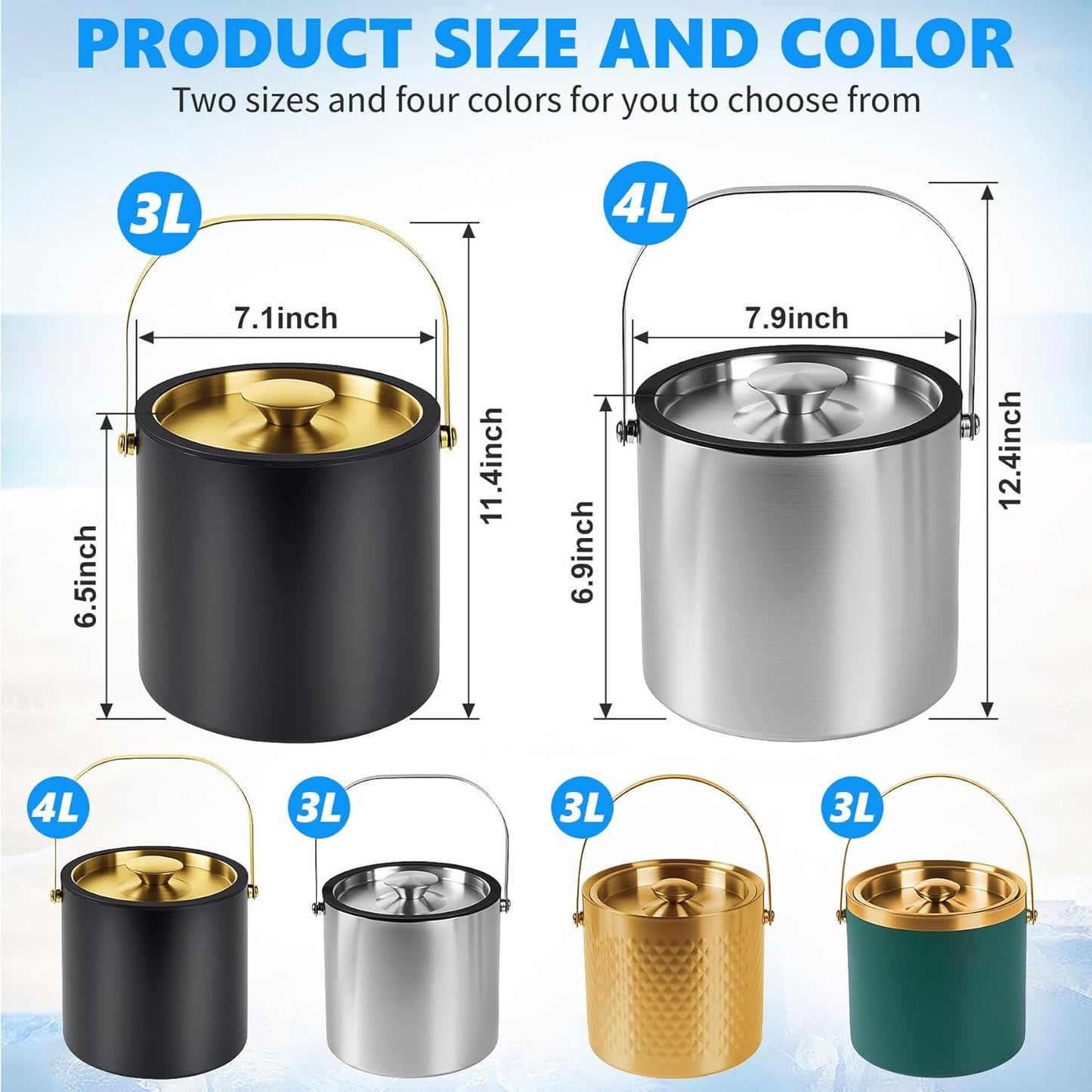 Ice Bucket, Ice Bucket with Silicone Sealing Ring Double-Wall Vacuum Insulation Champagne Buckets with Filter Layer Ice Tongs Ice Scoop (Green, 3 L)