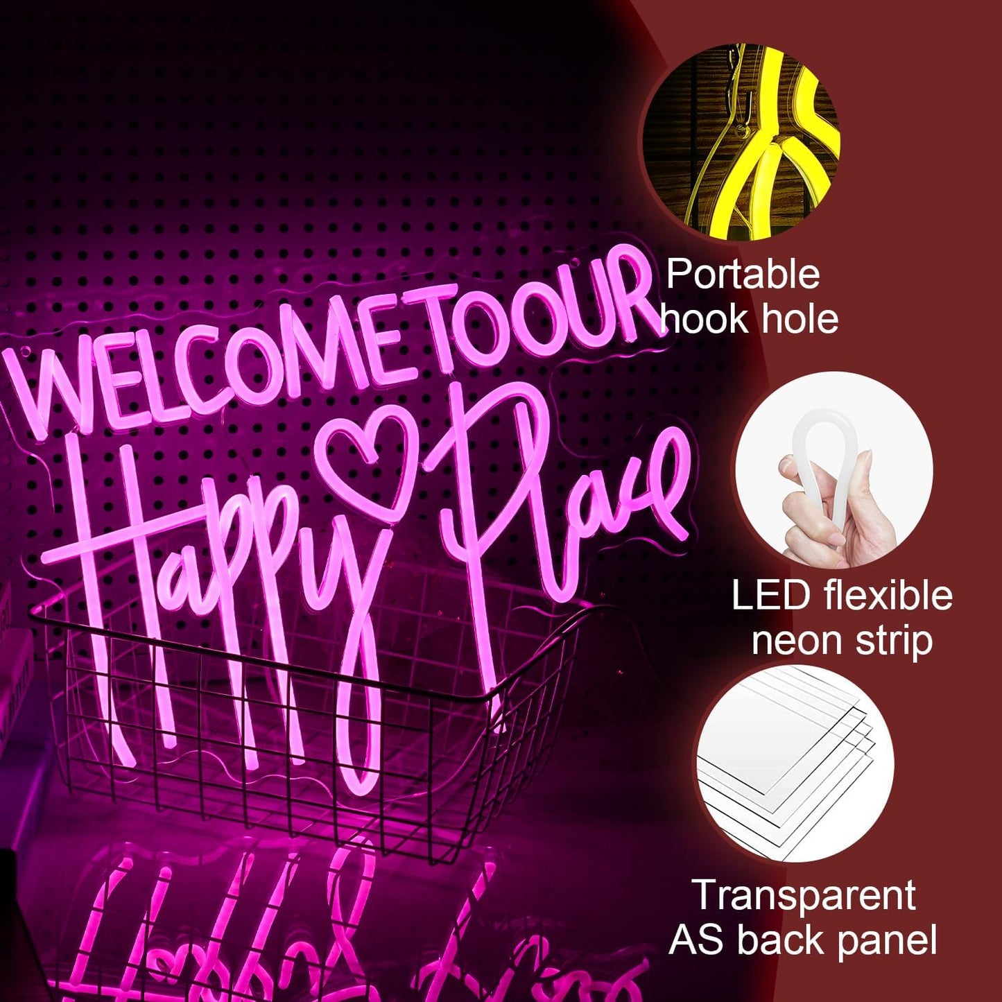 Welcome To Our Happy Place Neon Sign LED Pink Our Happy Place Neon Light With USB for Wall Decor Dimmable Happy Letters Light Up Sign for Bedroom Wedding Party Home Decor (16.7 * 12.6In)