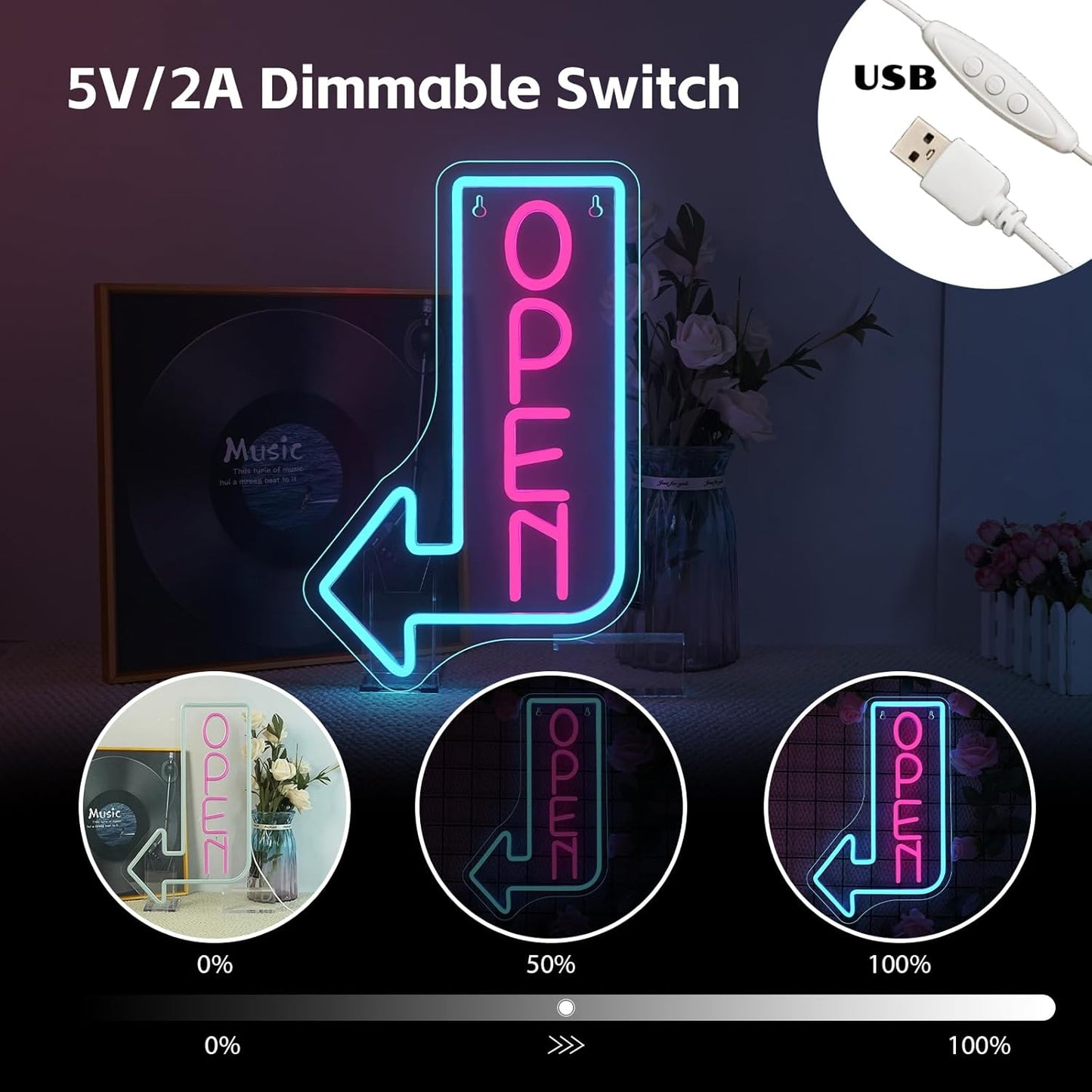 Looklight Blue Open Arrow Neon Sign Dimmale Neon Lights For Wall Decor Led Lights For Bars Stores Coffee Shop Hotel Window Outdoor Decor USB Powered 10 x15.75in