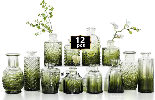 Mini Bud Vases As Wedding Centerpieces for Tables,Clear Bud Vases for Flowers,Small Flower Vases Suitable for Birthday Party,Anniversary,Wedding Reception,Baby Shower (Dark Green, 12PCS)