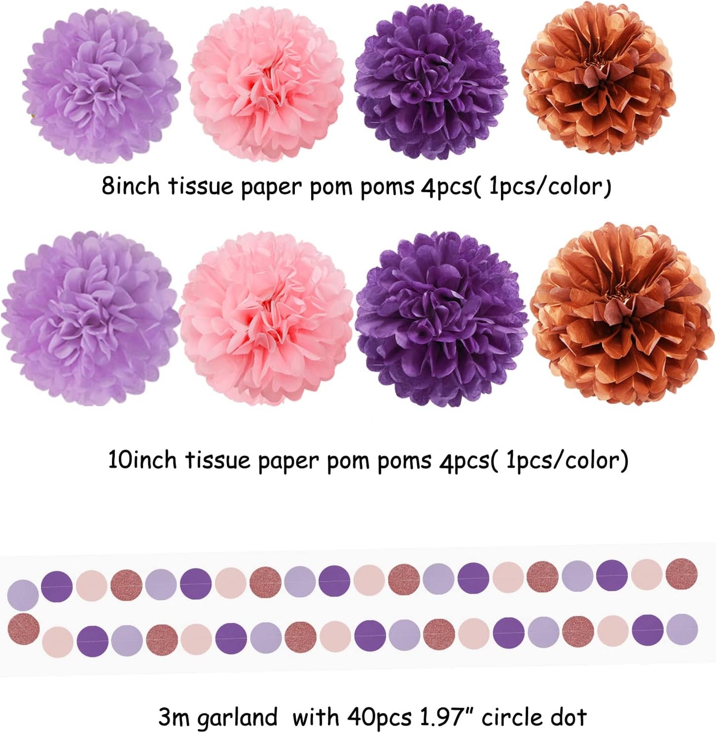Rose-Gold Pink Purple Party Decorations - 30pcs Tissue Pom Poms Streamers,Baby Shower Decorations Girl Women Birthday Tassel Garland Banner,Bachelorette Wedding Engagement Decor Lasting Surprise