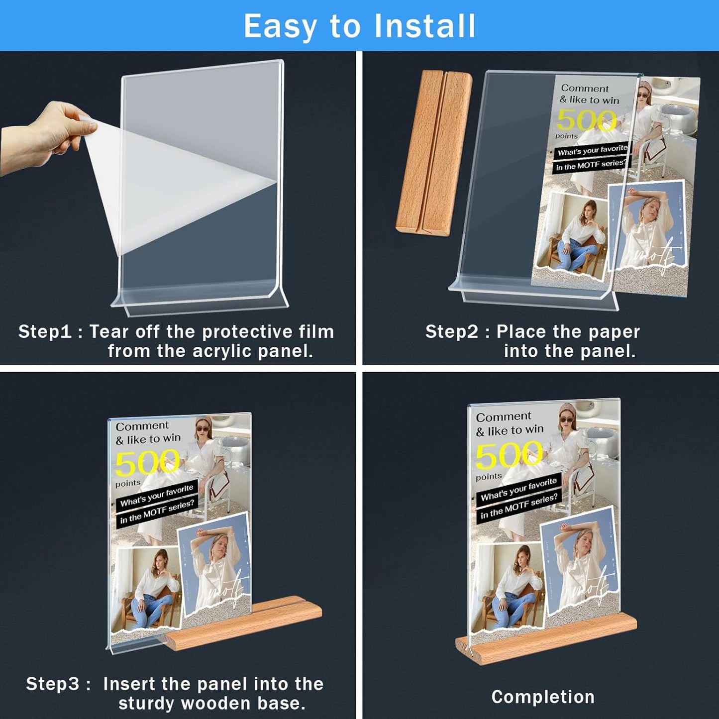 Kersally Acrylic Sign Holder 8.5 x 11, 3 Pack Double-Sided Clear Table Display Stands with Wood Base,Vertical Acrylic Frame Menu Flyer Paper Holder for Stores, Restaurants, Hotels, Office, Show Fair