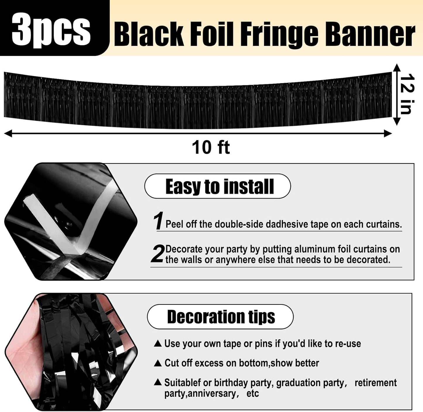 3 Pack 10 Long Black Metallic Foil Fringe Garland Wall Hanging Tassle Banner, Mother's Day, Easter, Parade Floats, Birthday, Theme Party, Wedding Party Decorations