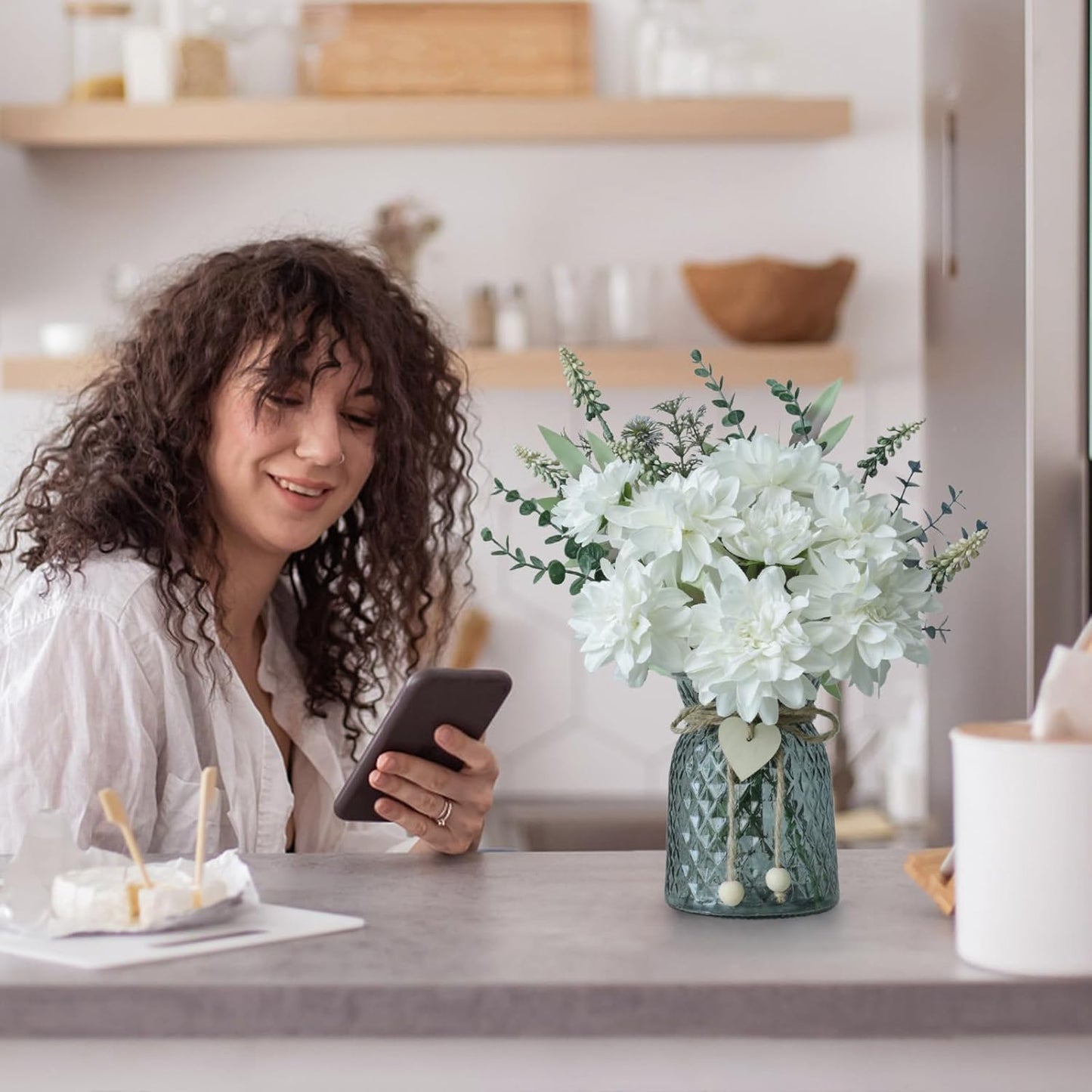 Fake Flowers in Vase,8 Dahlias,Silk Artificial Flowers in Vase,Centerpiece Table Decorations,Coffee Table Decor,Faux Flowers in Vase with a Flower Arrangement Holder
