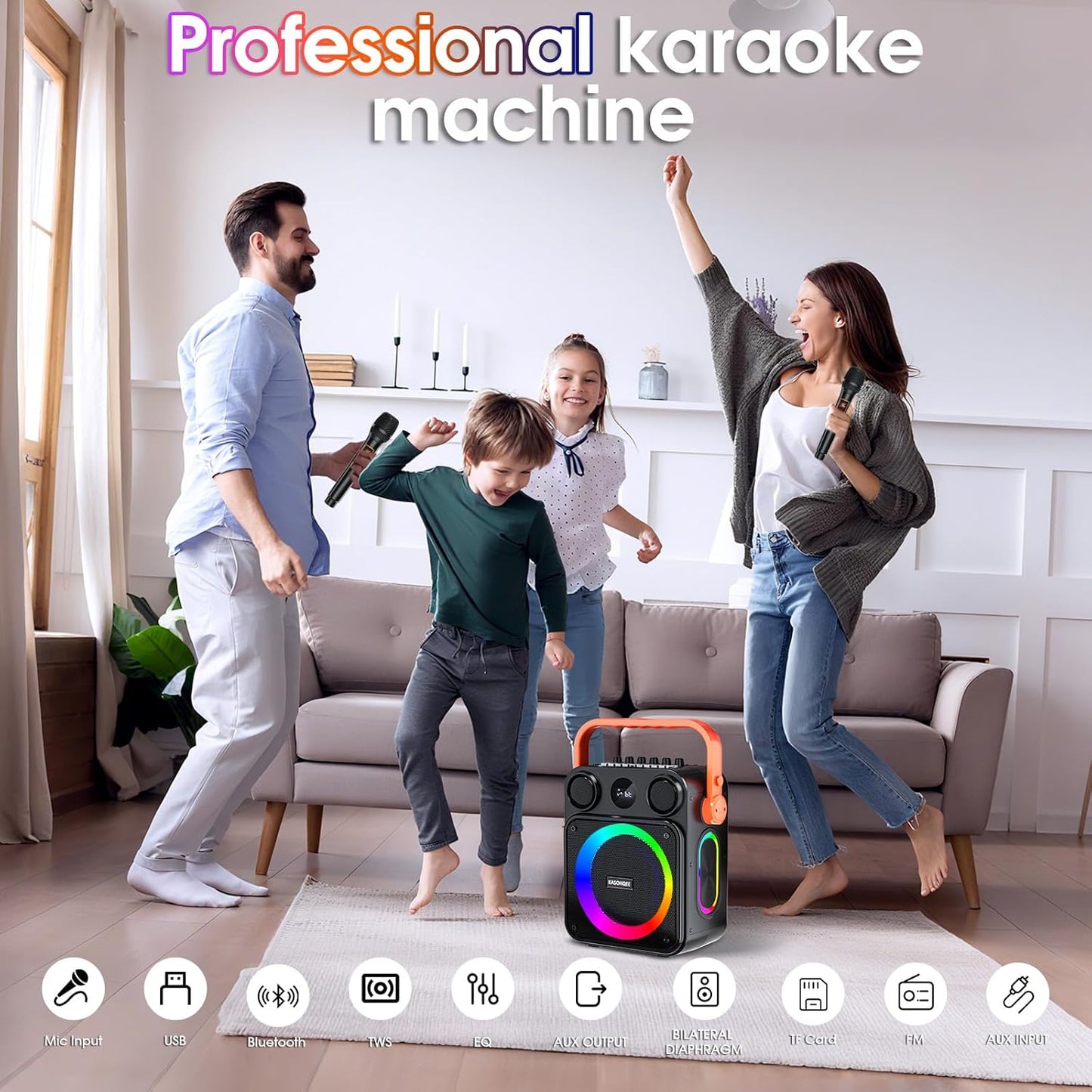 Karaoke Machine for Adults,Portable Karaoke Speaker with Two Wireless Microphones, 3.7v Speaker Supports TWS,Bluetooth,TF Card/USB, AUX in, REC, Bass & Treble for Home Party/Meeting