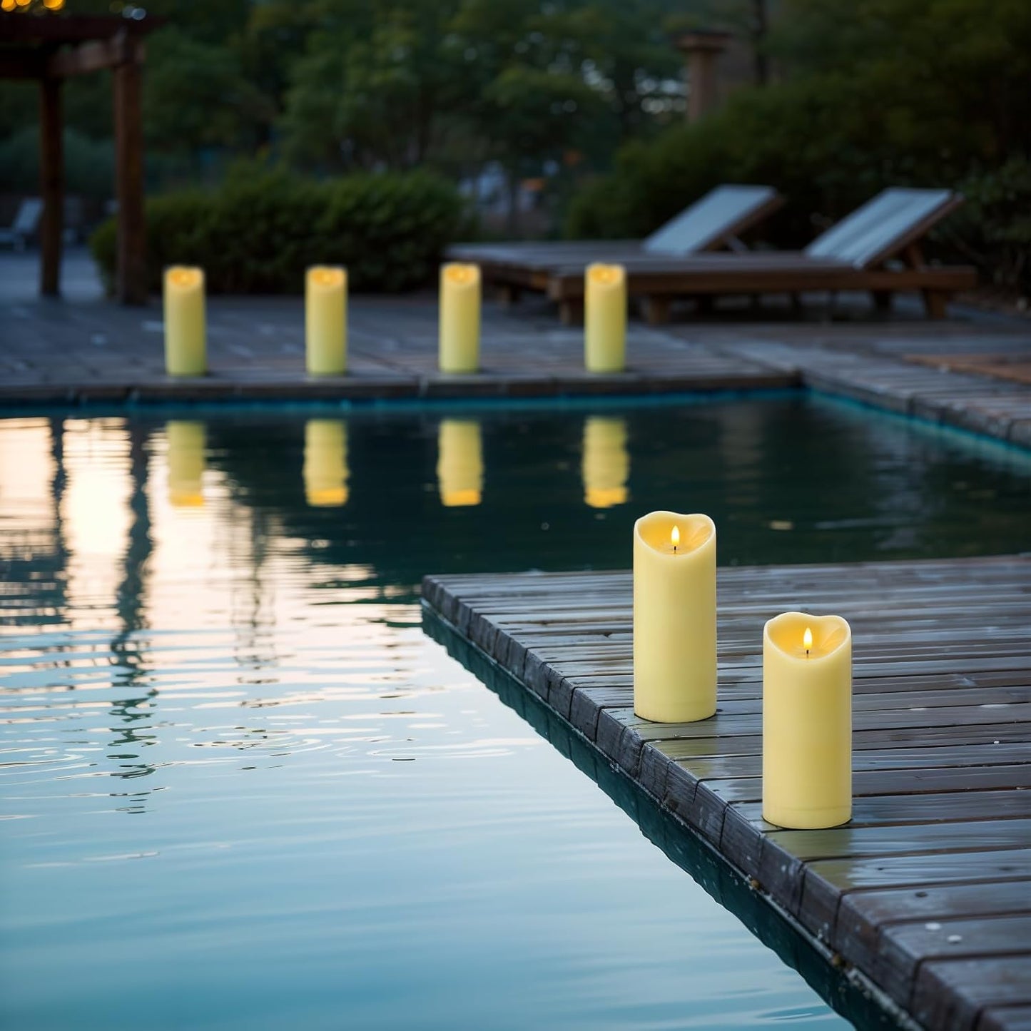 Amagic 4” x 9” Large Outdoor Waterproof Flameless Candles with Remote, Battery Operated Candles with Timer, Flickering Fake LED Pillar Candle for Patio Garden Wedding Decor, Dark Ivory, Set of 2