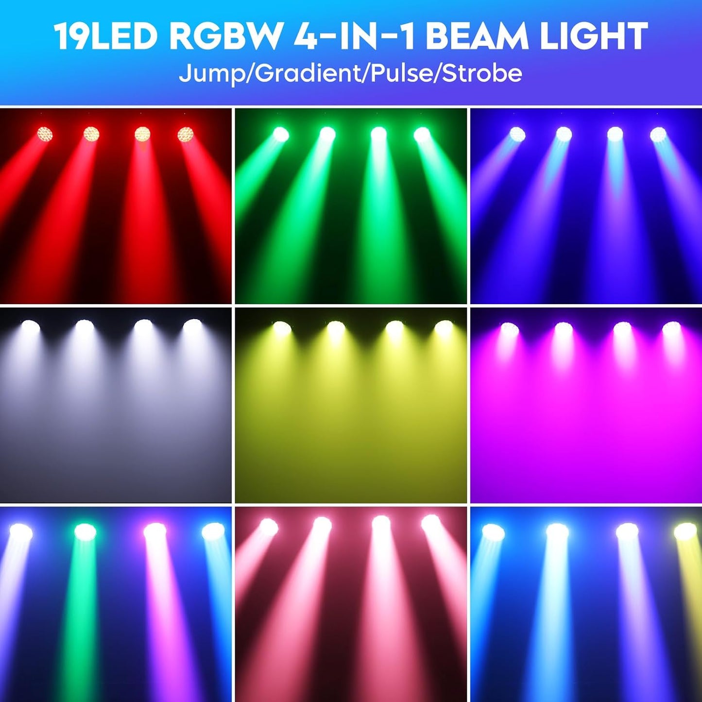 19x10W Moving Head Light Focusing/Beam/Wash/Zoom Effect Stage Lights 4-in-1 LED DMX512 & Sound Activated Control for DJ Disco Nightclub KTV Bar Theater Shopping Mall (4 PCS
