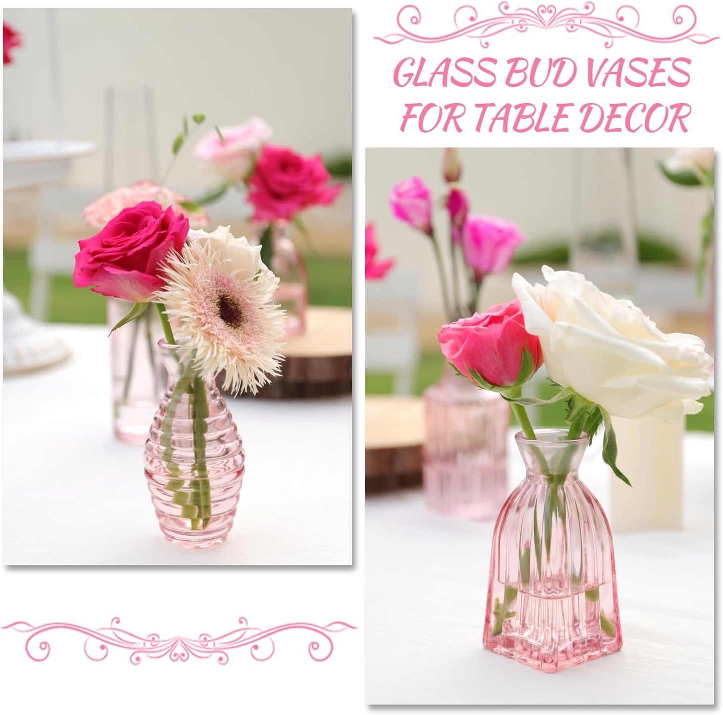 Pink Glass Bud Vases in Bulk 24, Pink Vase Small Vases for Flowers Modern Ribbed Glass Bud Vase for Decor Wedding Flower Vase Bulks Vintage Decor Bridal Shower Centerpieces Home Table Decoration