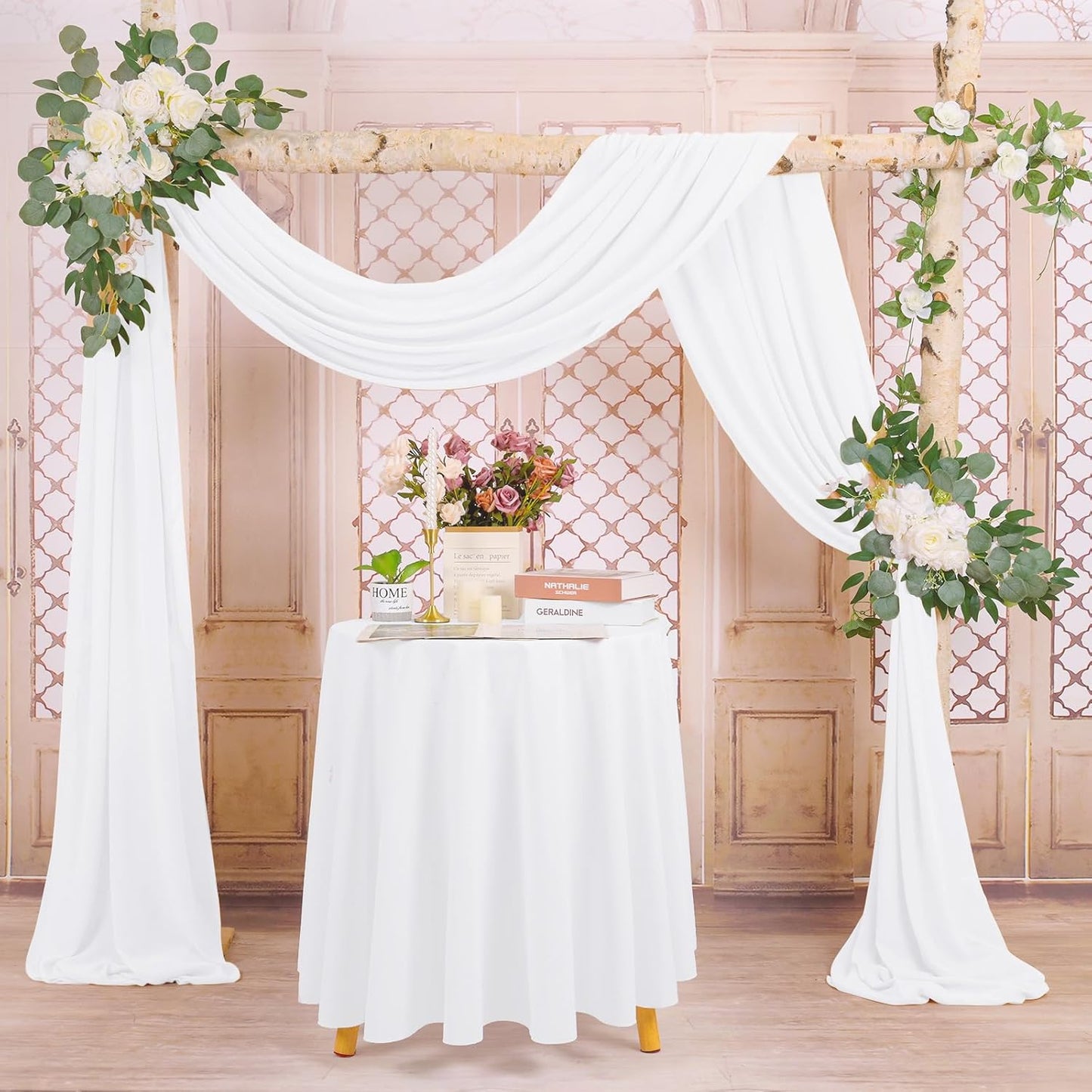 Wedding Arch Draping Fabric, 8 Panels 28" x 20ft White Sheer Chiffon Curtain Drapes for Wedding Drapes Sheer Backdrop Curtains