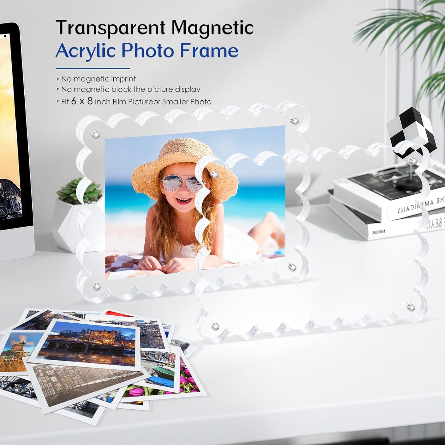 Magnetic Photo Frame 6×8Inch - 2Pack Acrylic Scalloped Glass Frames, 12+12mm Thick Double-Sided Design.Clear Picture Frame with Thick Block | Trendy Home Gift Set (2 Pack, 6×8)