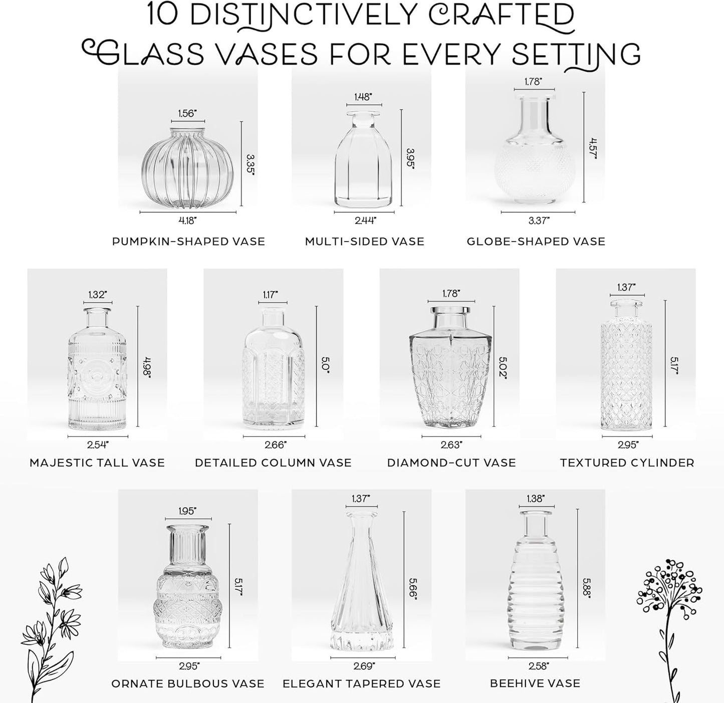 Gather & Bloom Creations Glass Bud Vases in Bulk – Set of 10 Mini Wedding Centerpiece Vases – Durable, Vintage-Inspired Clear Glass Vases for Flowers and Table Decor