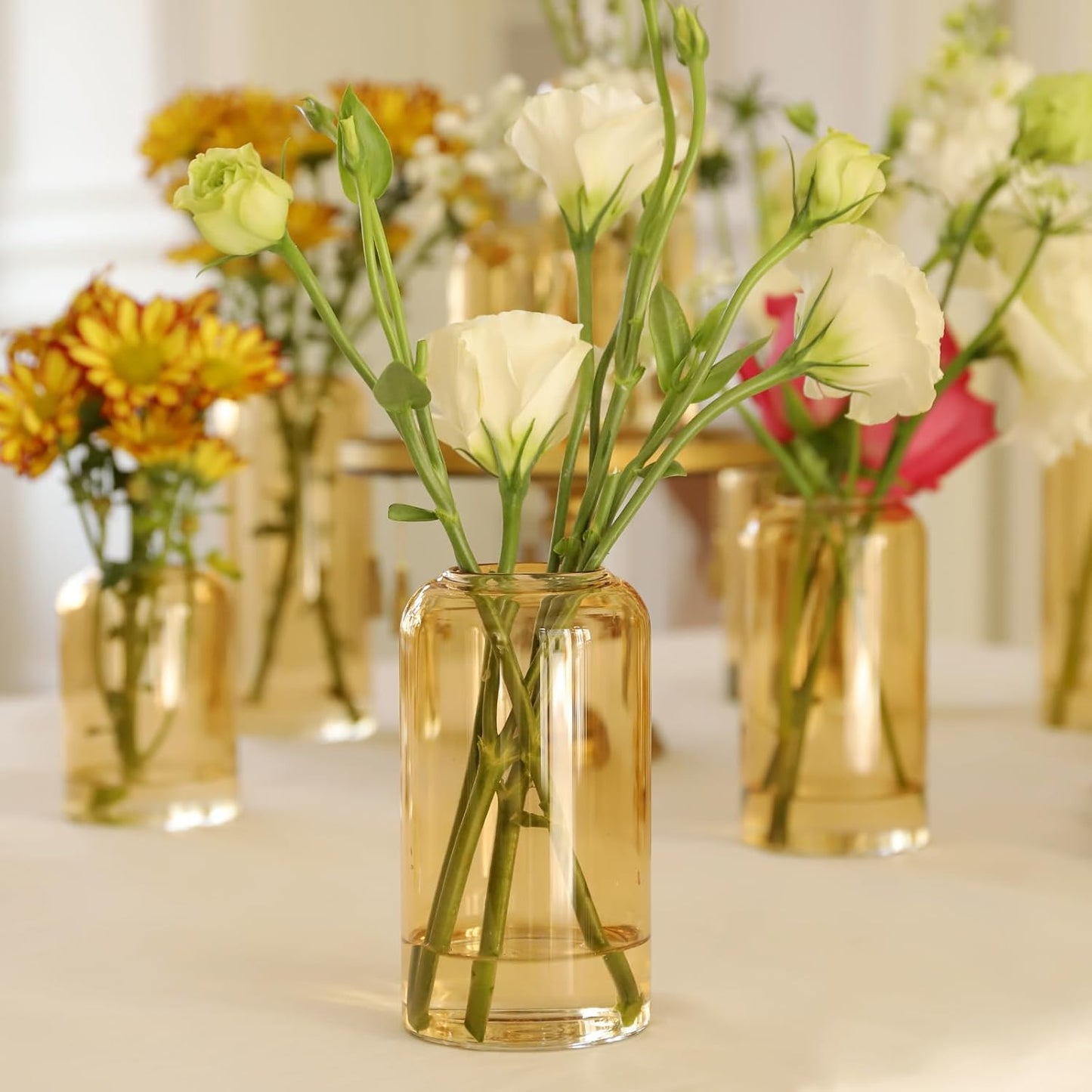 24pcs Glass Bud Vases Set, Clear Flower Vase for Centerpieces, Small Vases for Flowers, Decor Centerpiece for Bathroom, Decorative Vases for House Warming (Amber)