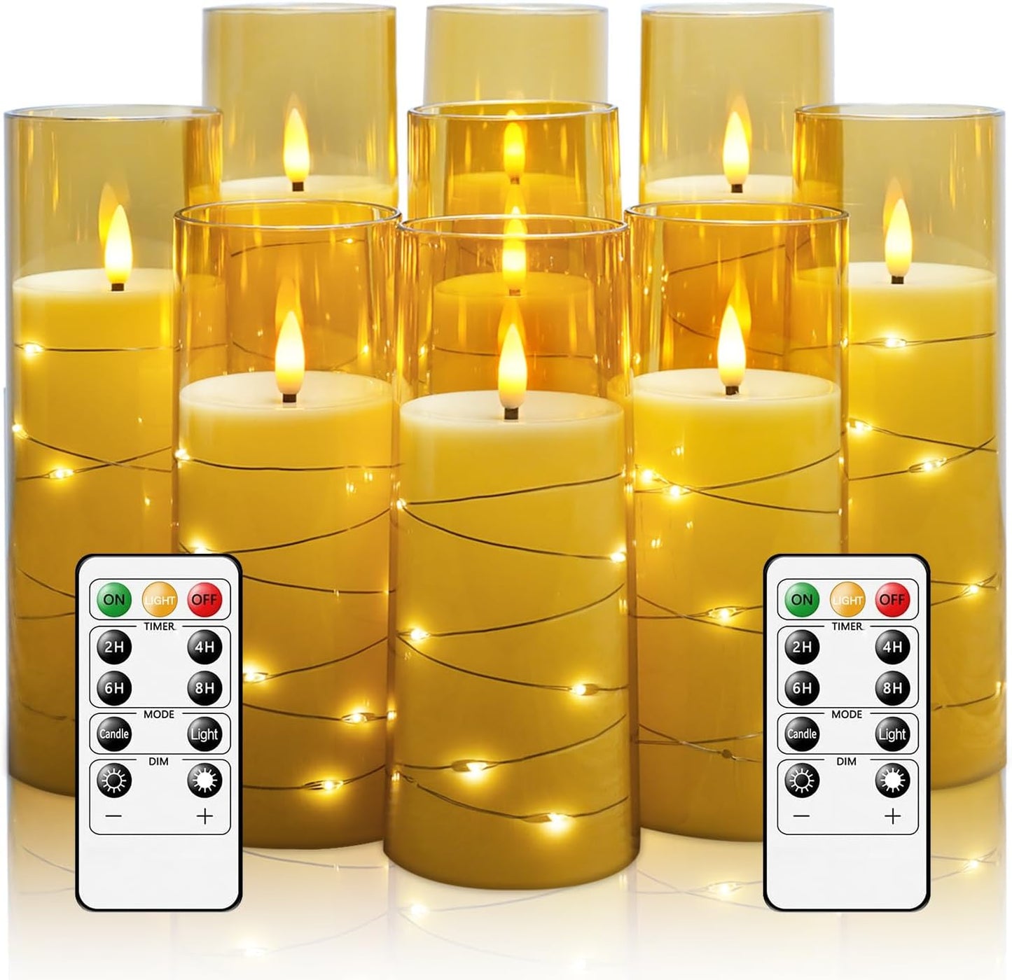 Flameless LED Candles with Timer 9 Pc Flickering Flameless Candles for Romantic Ambiance and Home Decoration Stable Acrylic Shell,with Embedded Star String，Battery Operated Candles（Gold）