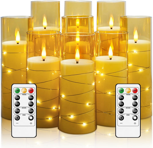 Flameless LED Candles with Timer 9 Pc Flickering Flameless Candles for Romantic Ambiance and Home Decoration Stable Acrylic Shell,with Embedded Star String，Battery Operated Candles（Gold）