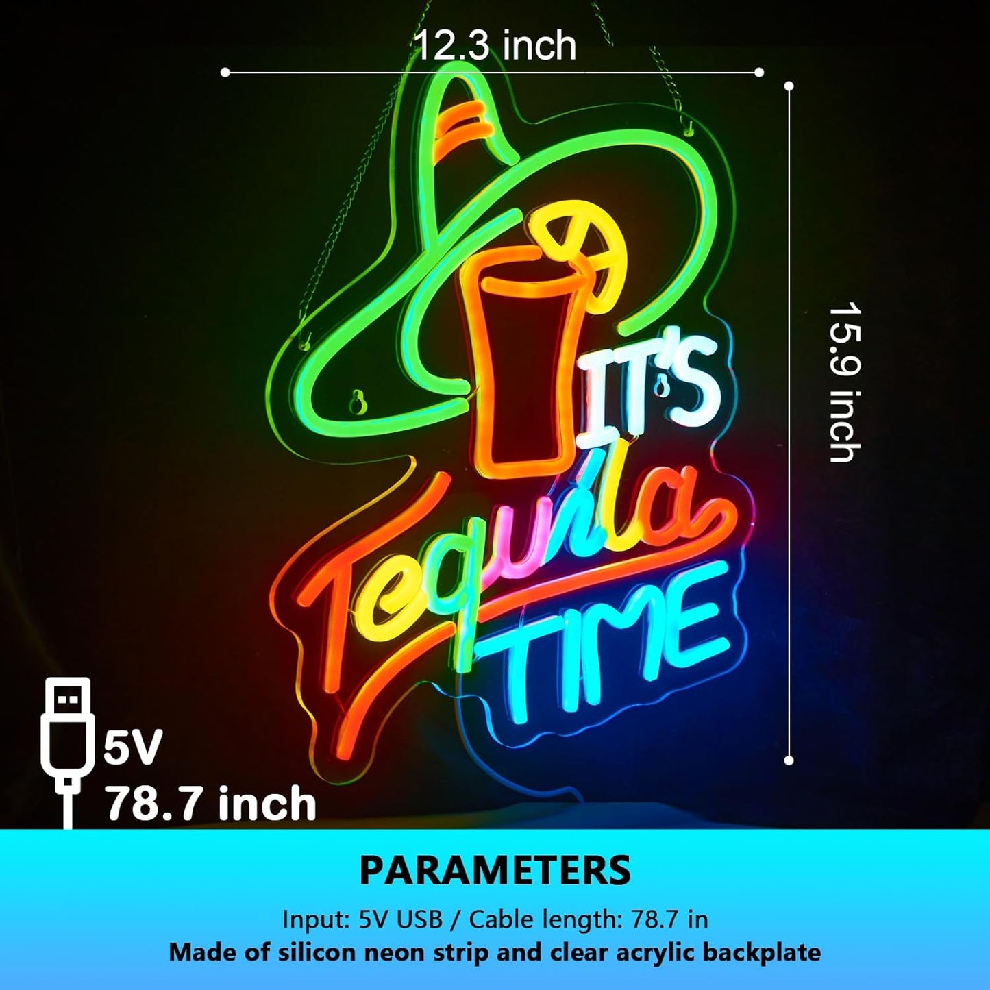 It's Tequila Time Neon Sign Tequila Time Neon Sign for Wall Decor Mexican Tequila USB Dimmable LED Neon Lights for Beer Bar Kitchen Restaurant Home Pub Party Man Cave Club Shops Hotel Store Business Gift
